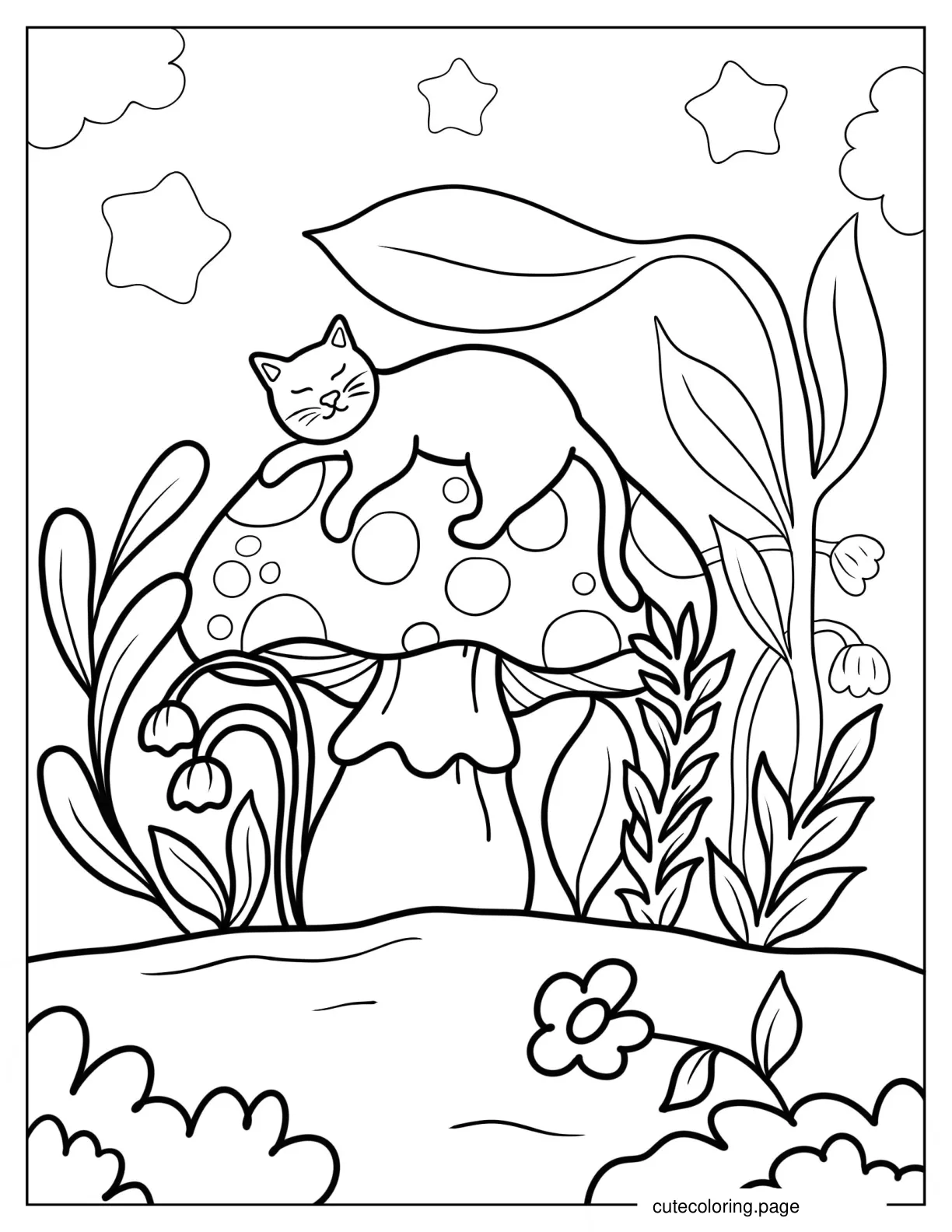 Cat Sleeping On Big Mushroom coloring page