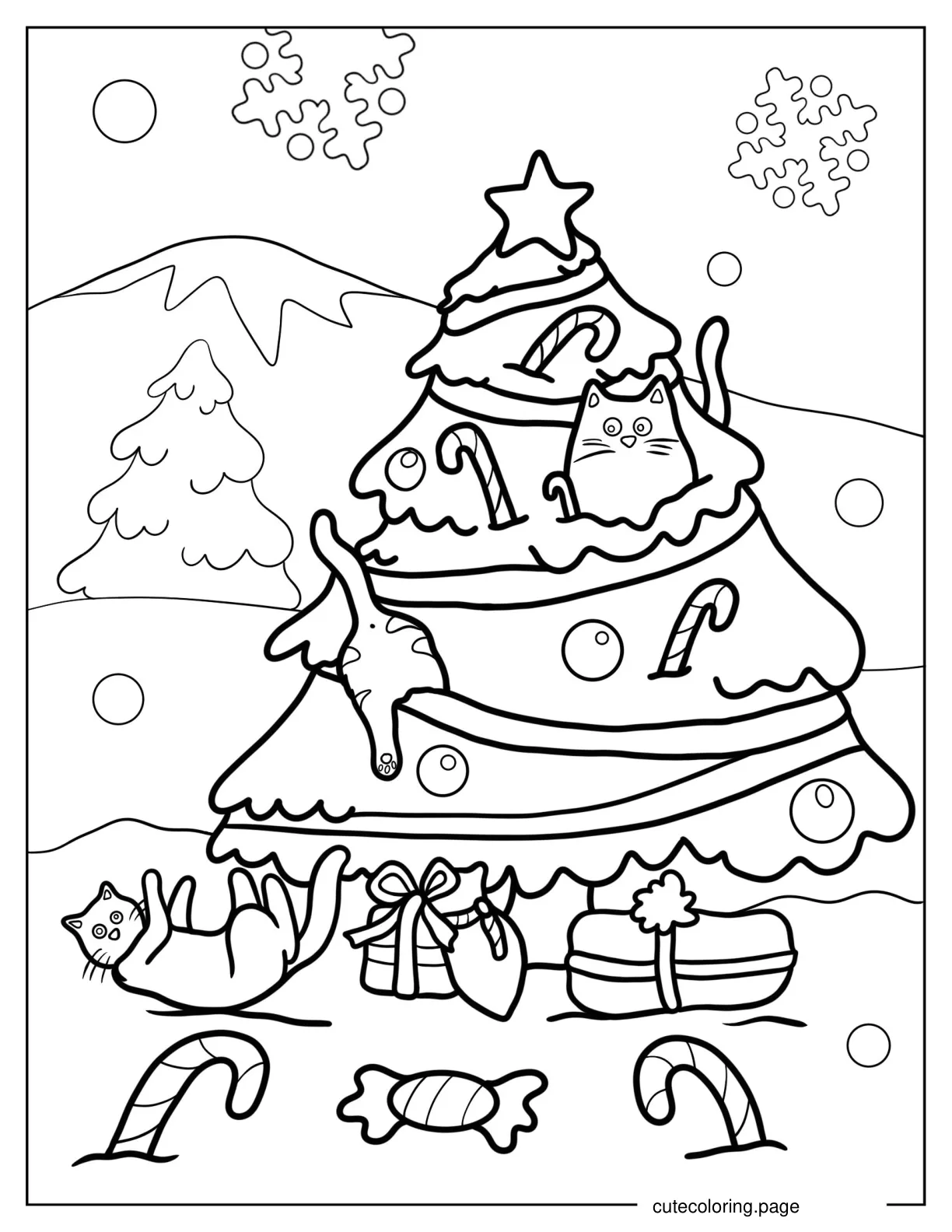 Cats Playing With Christmas Tree Coloring Sheet coloring page