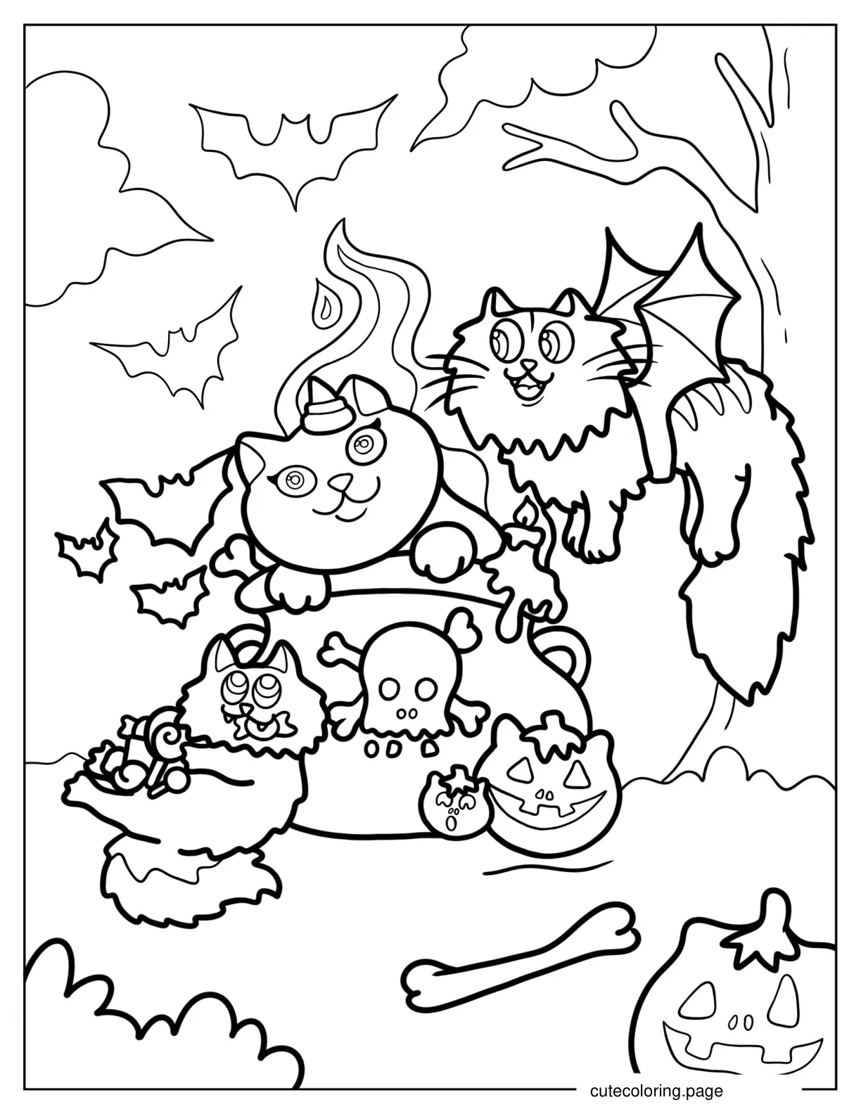 Cats With Bats Halloween Coloring Pages coloring page