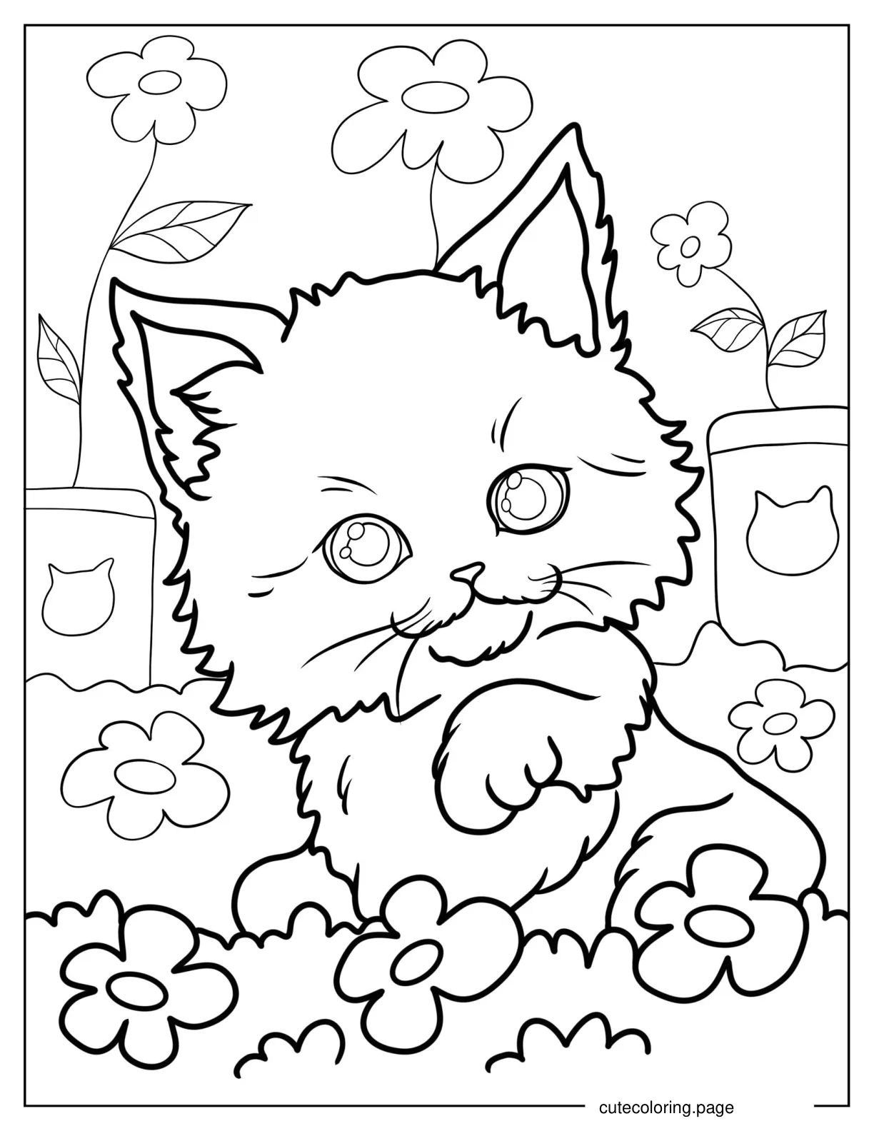 Chibi Kitten Among Flowers coloring page