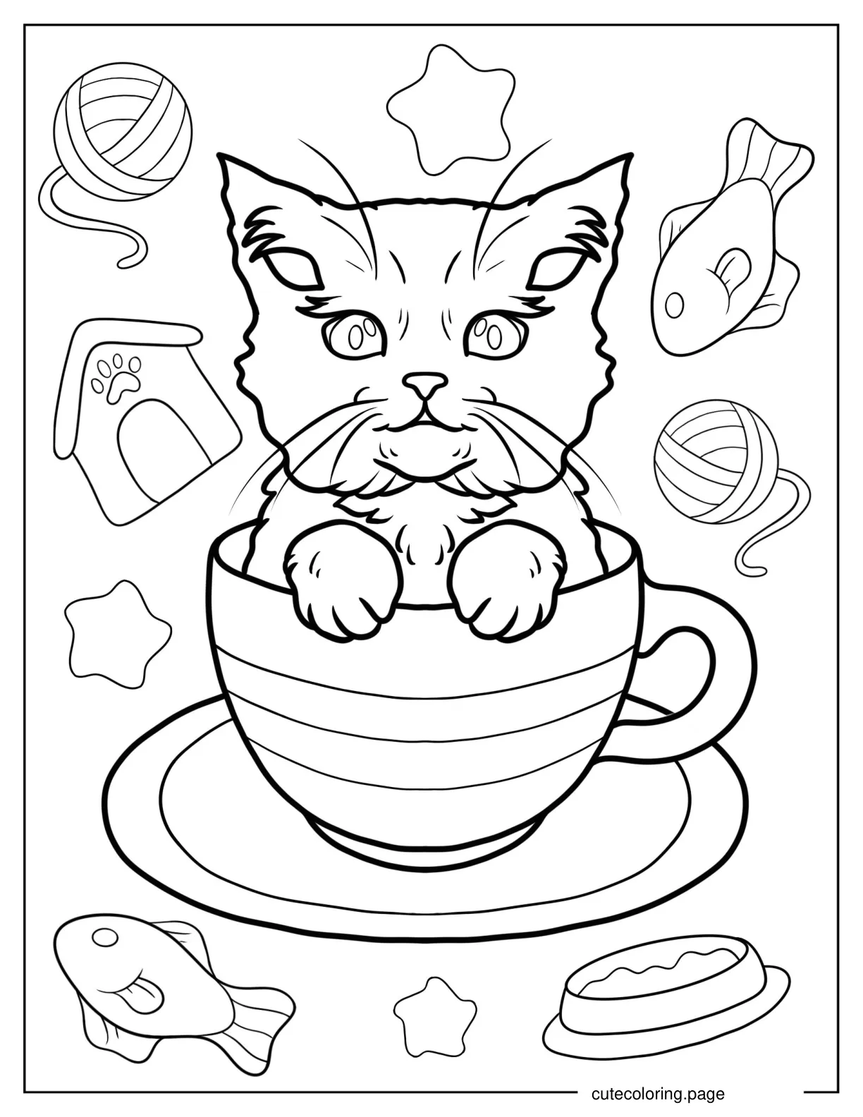 Coloring Page Of Realistic Cat Inside Teacup coloring page