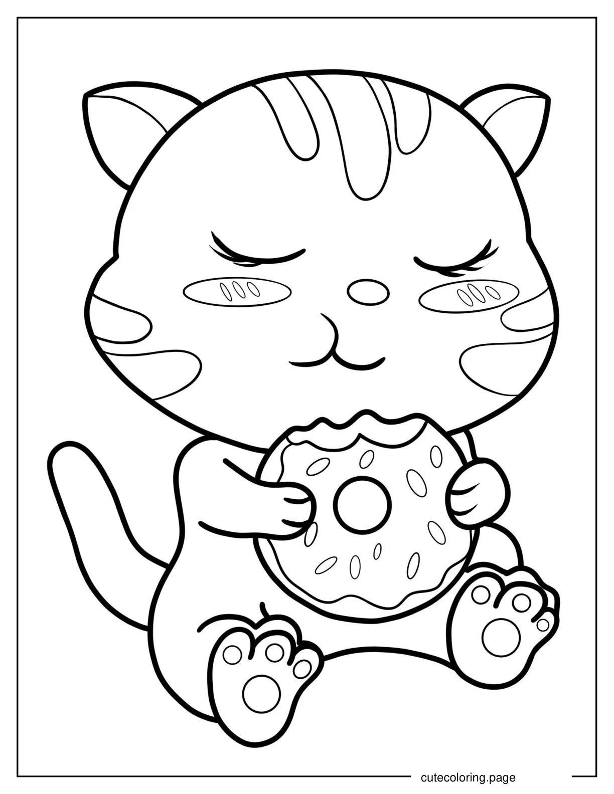 Coloring Sheet Of Cute Cat Eating Donut coloring page