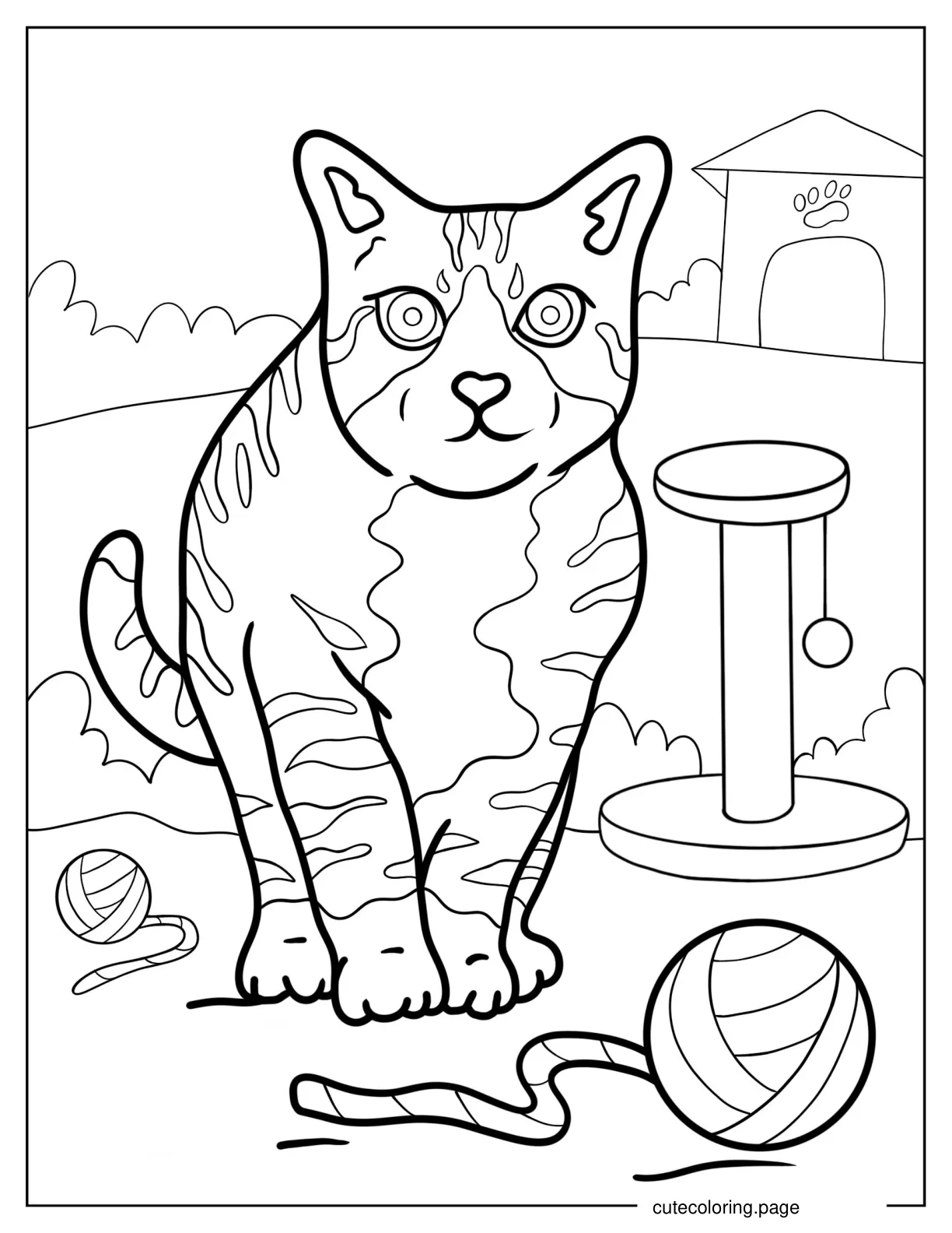 Coloring Sheet Of Realistic Cat Playing With Yarn coloring page