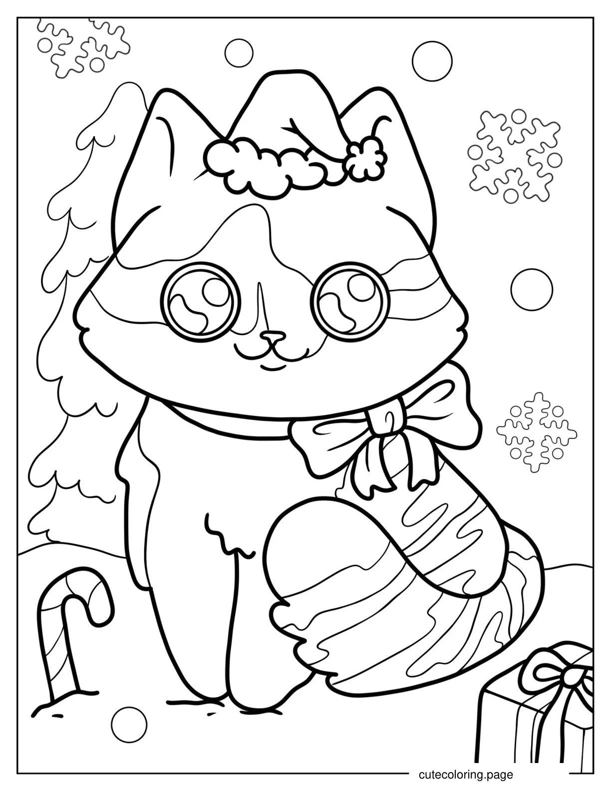 Cute Cat Wearing Santa Hat On Snowy Day coloring page