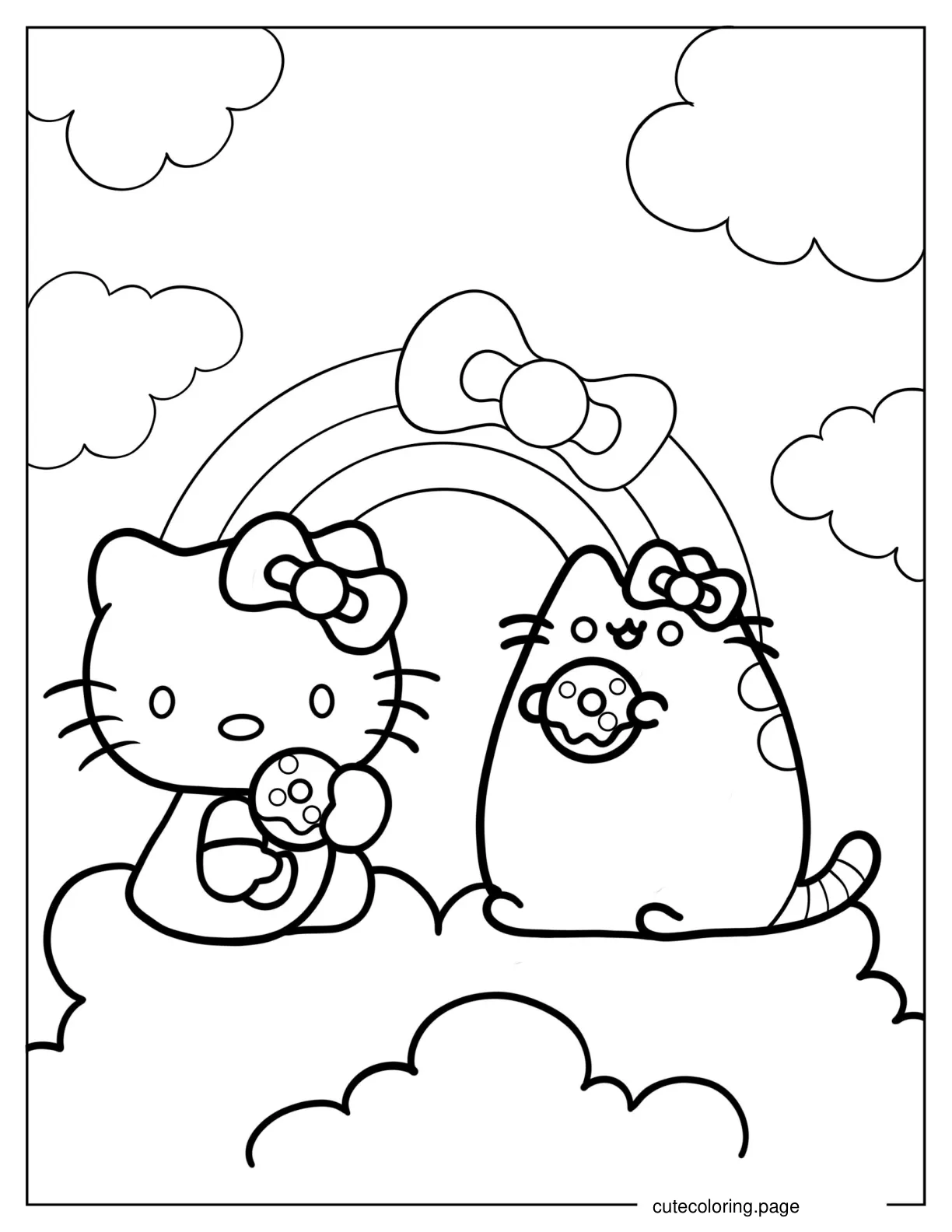 Hello Kitty And Pusheen Eating Donut On Clouds coloring page