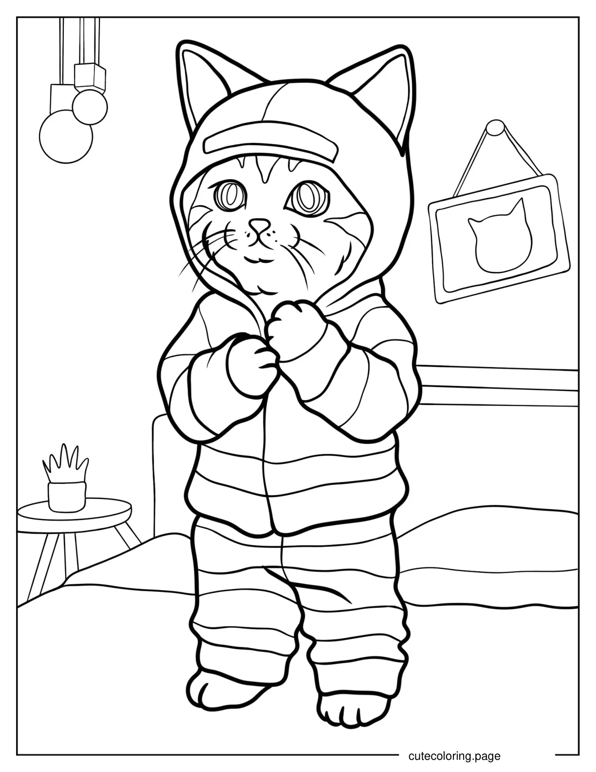 Kitten Wearing Pants And Hooded Jacket coloring page