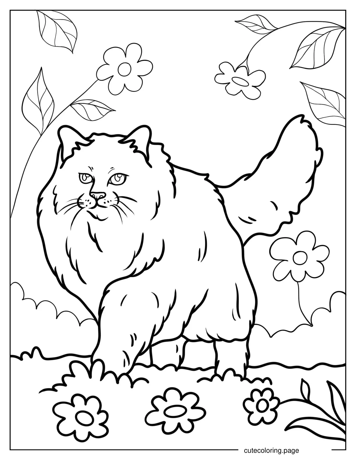 Siberian Cat Walking On Flower Field Coloring In coloring page