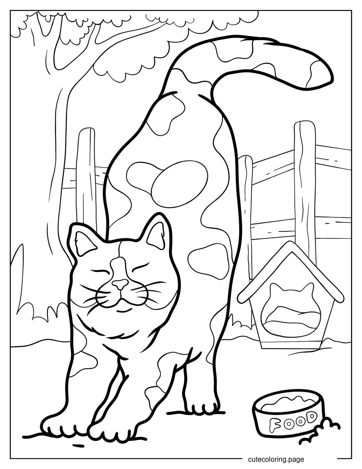 Spotted Cat Stretching In Backyard Coloring In coloring page