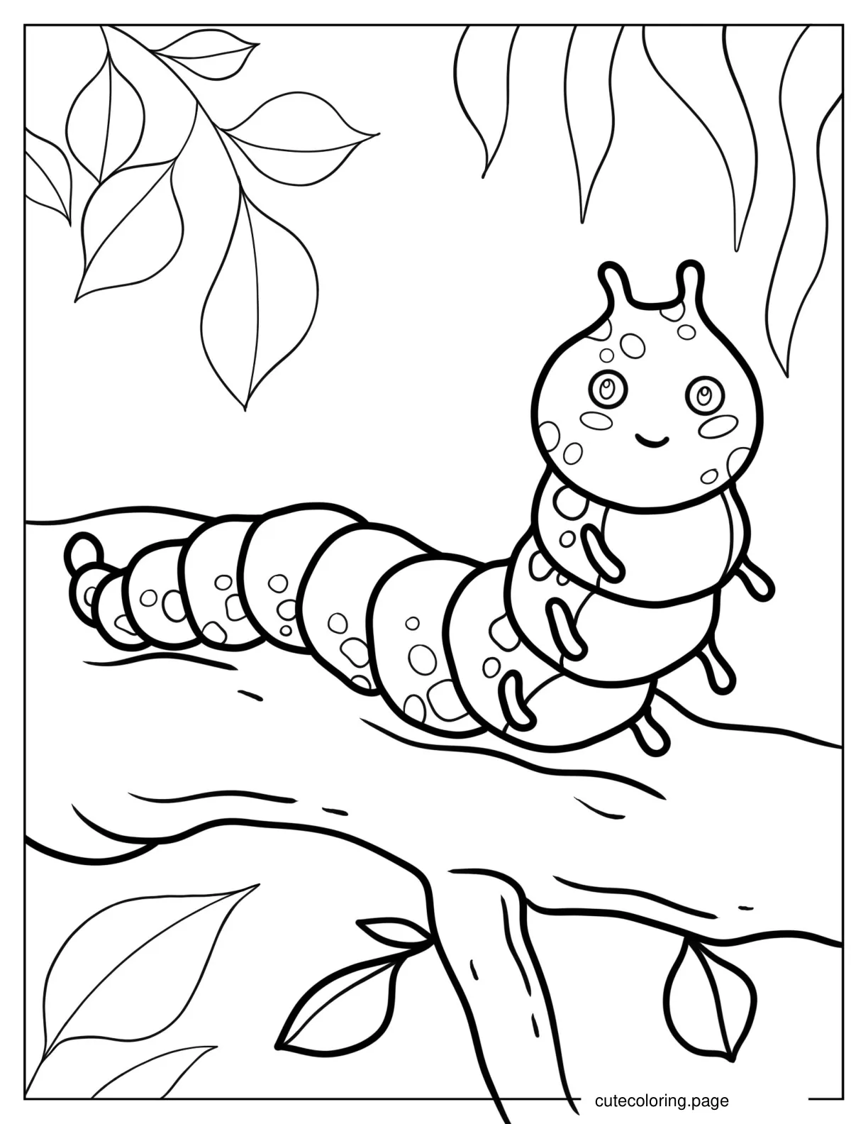 Smiling Caterpillar On Tree coloring page