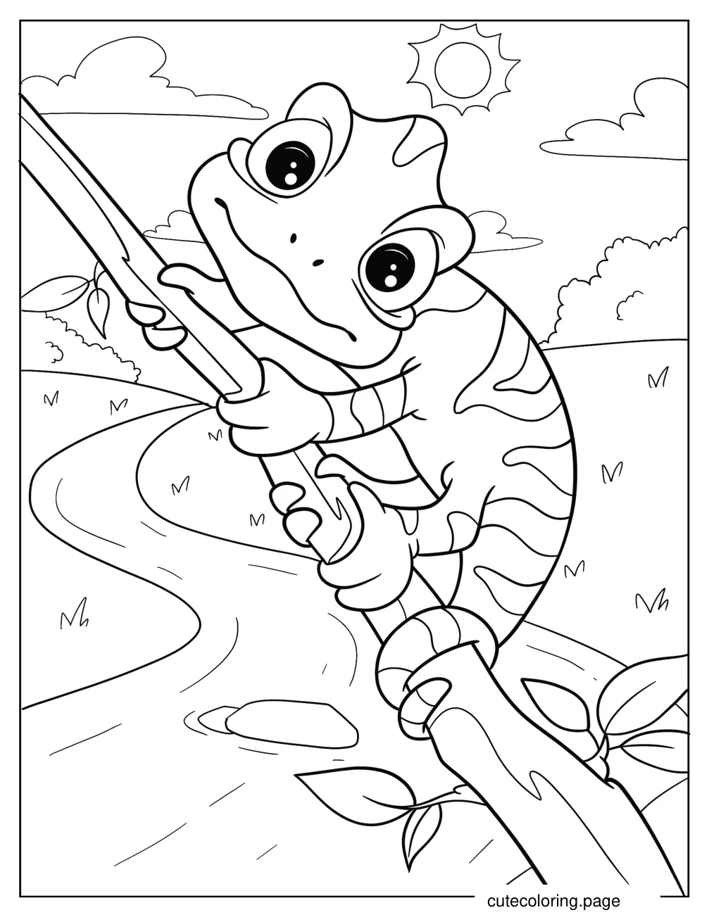 Cartoon Chameleon Clinging To Tree Branch coloring page