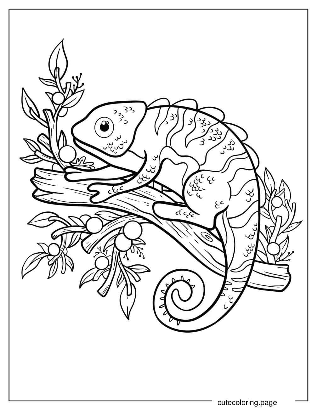 Chameleon Resting On Tree Branch Coloring Sheet For Kids coloring page