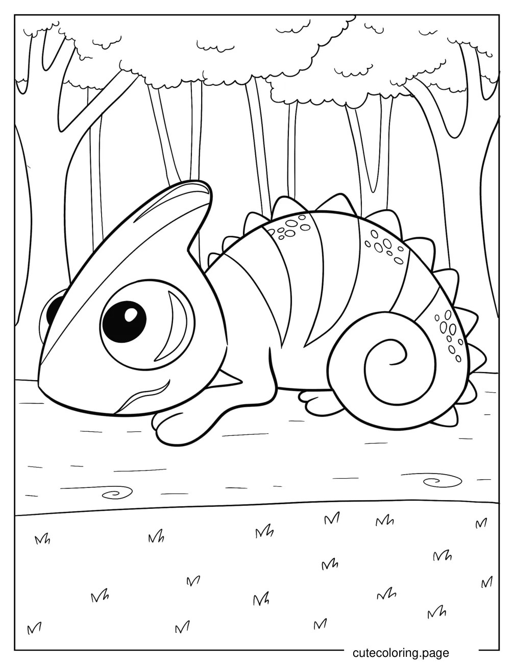 Chibi Chameleon Sitting On Log Coloring Page For Kids coloring page