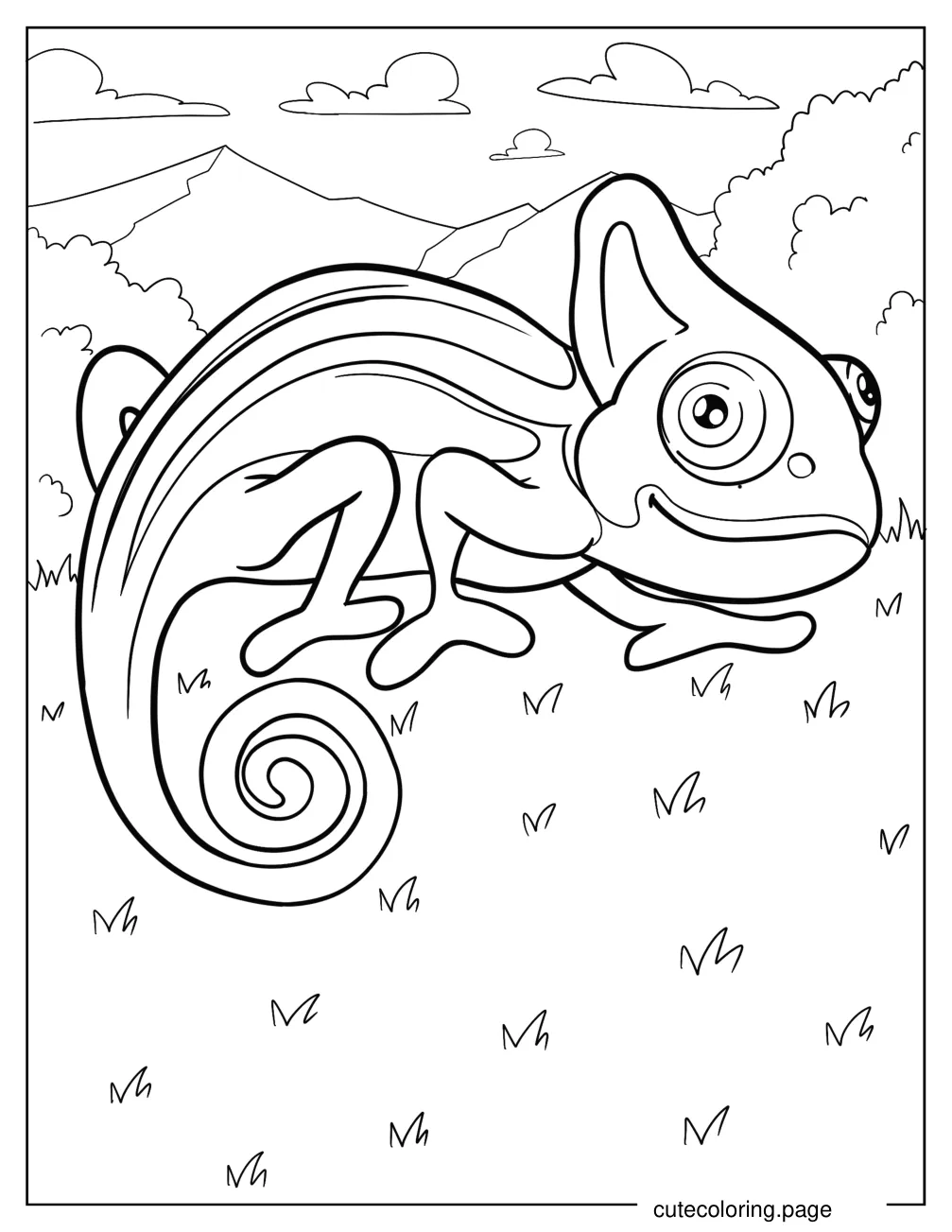 Easy Cartoon Chameleon Crawling On Grass coloring page