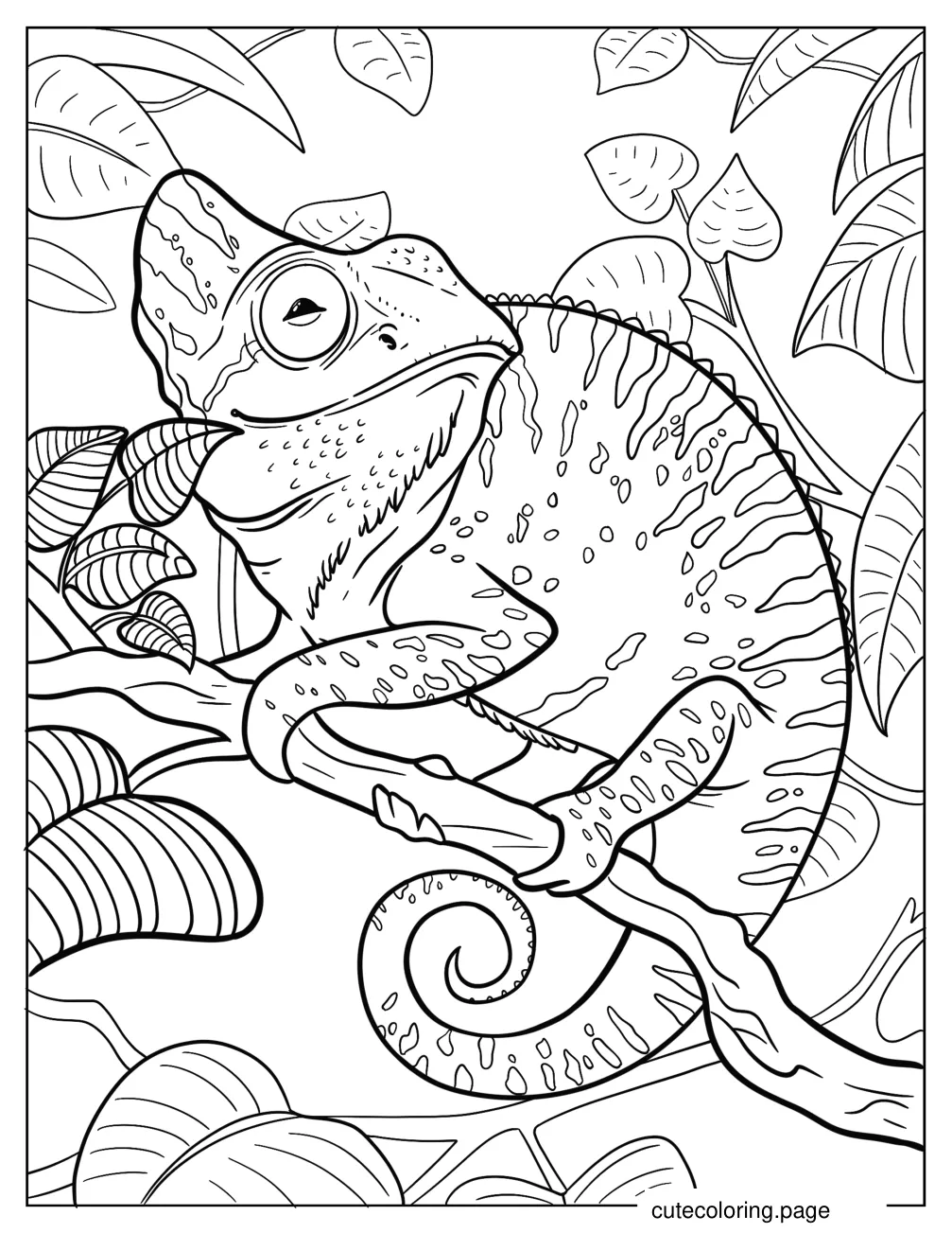 Large Smiling Chameleon With Leaves In Background coloring page