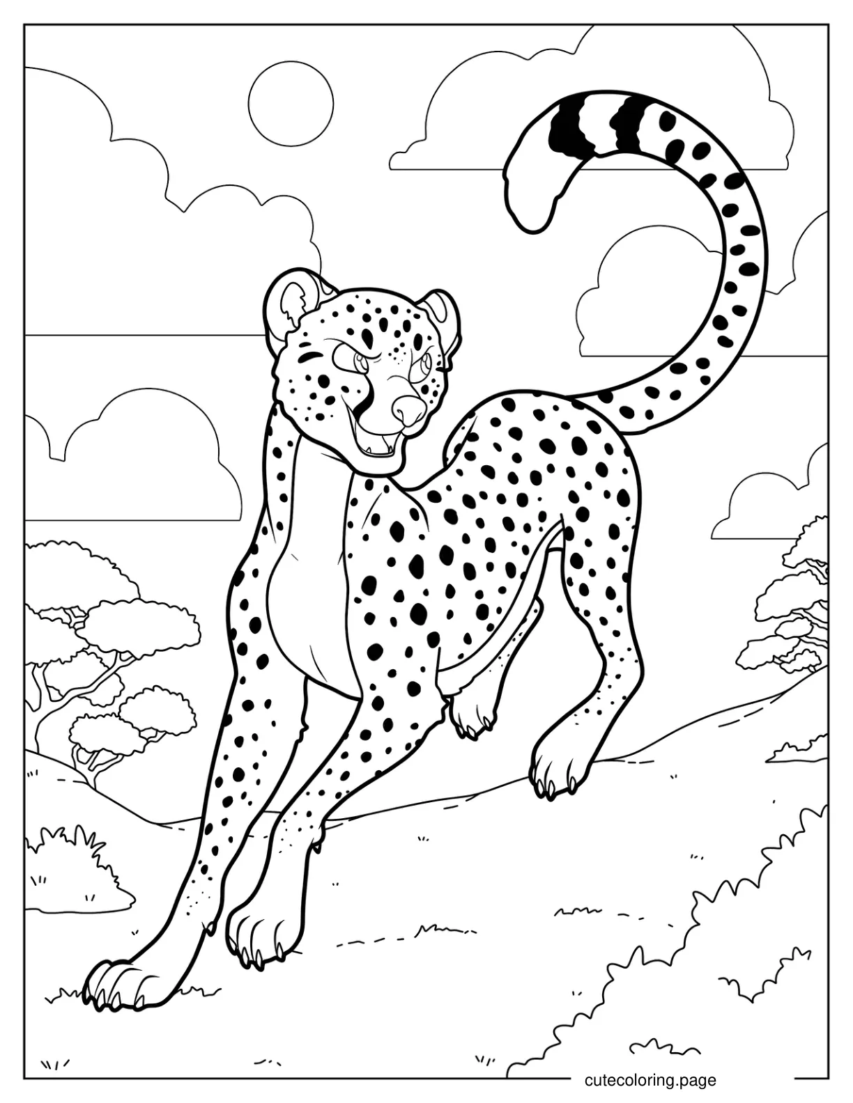 Cartoon Cheetah With Mischievous Grin coloring page