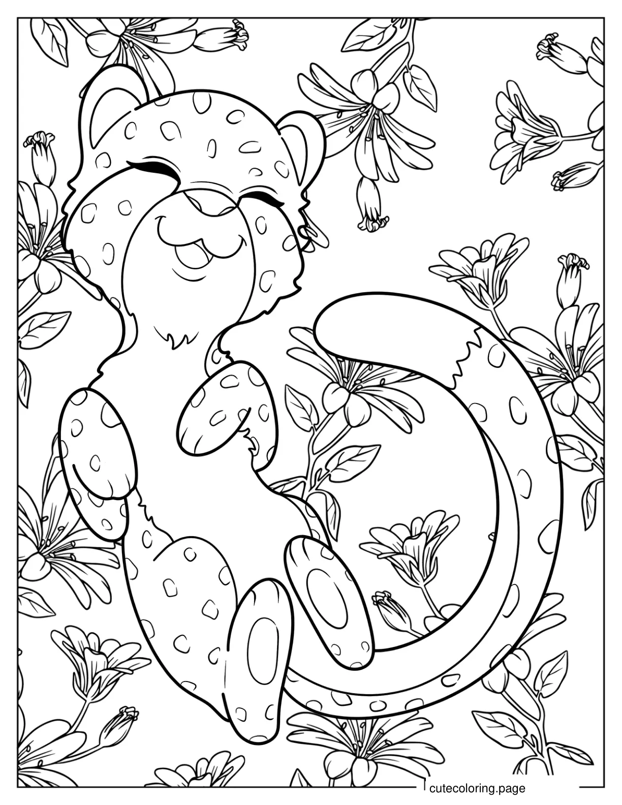 Kawaii Cheetah Sleeping On Its Back With Flowers Coloring Sheet coloring page