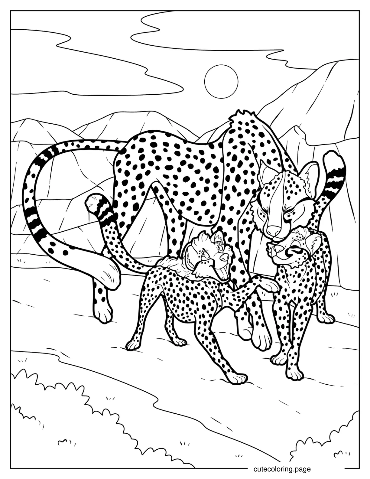 Mama Cheetah With Her Baby Cheetahs coloring page