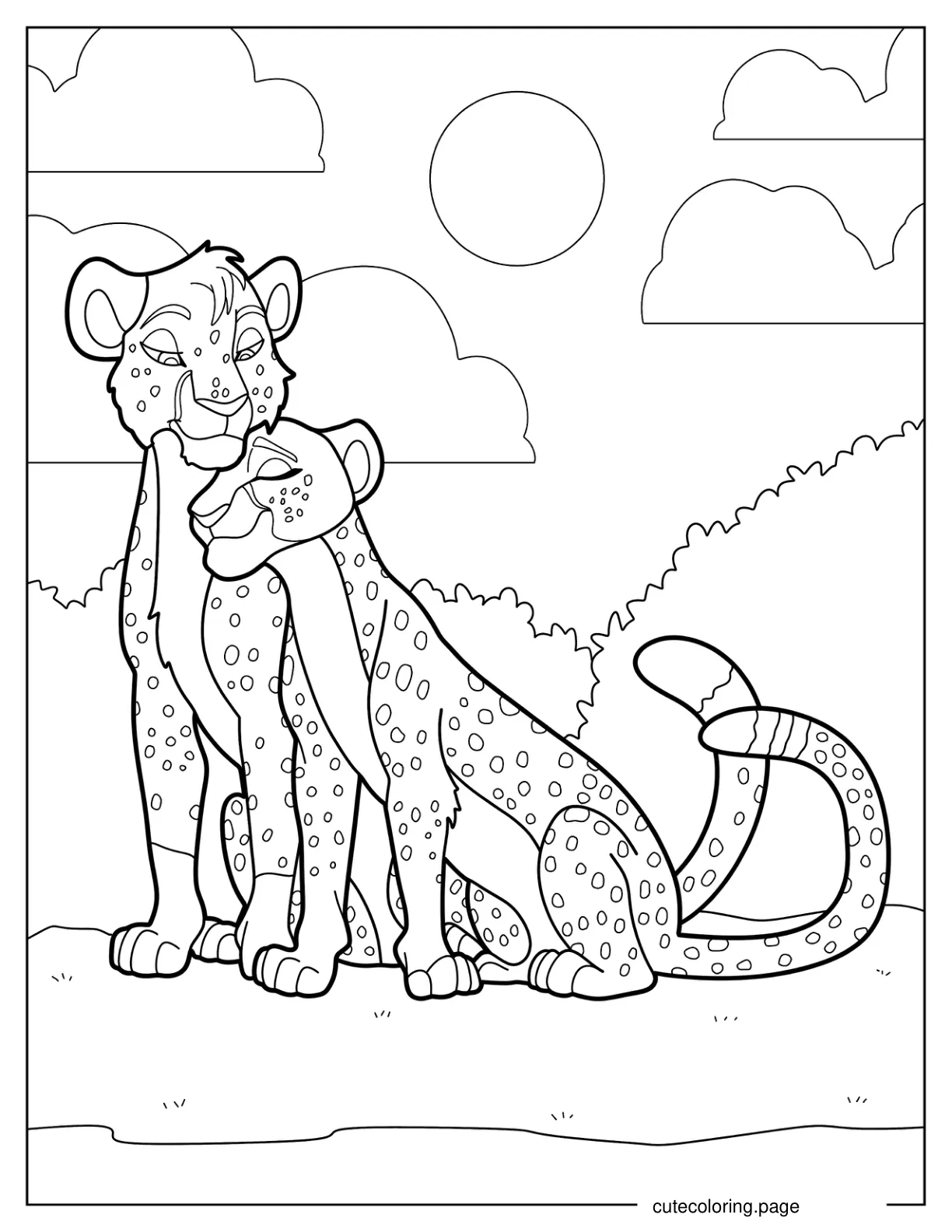 Two Cheetahs Cuddling Coloring Sheet coloring page