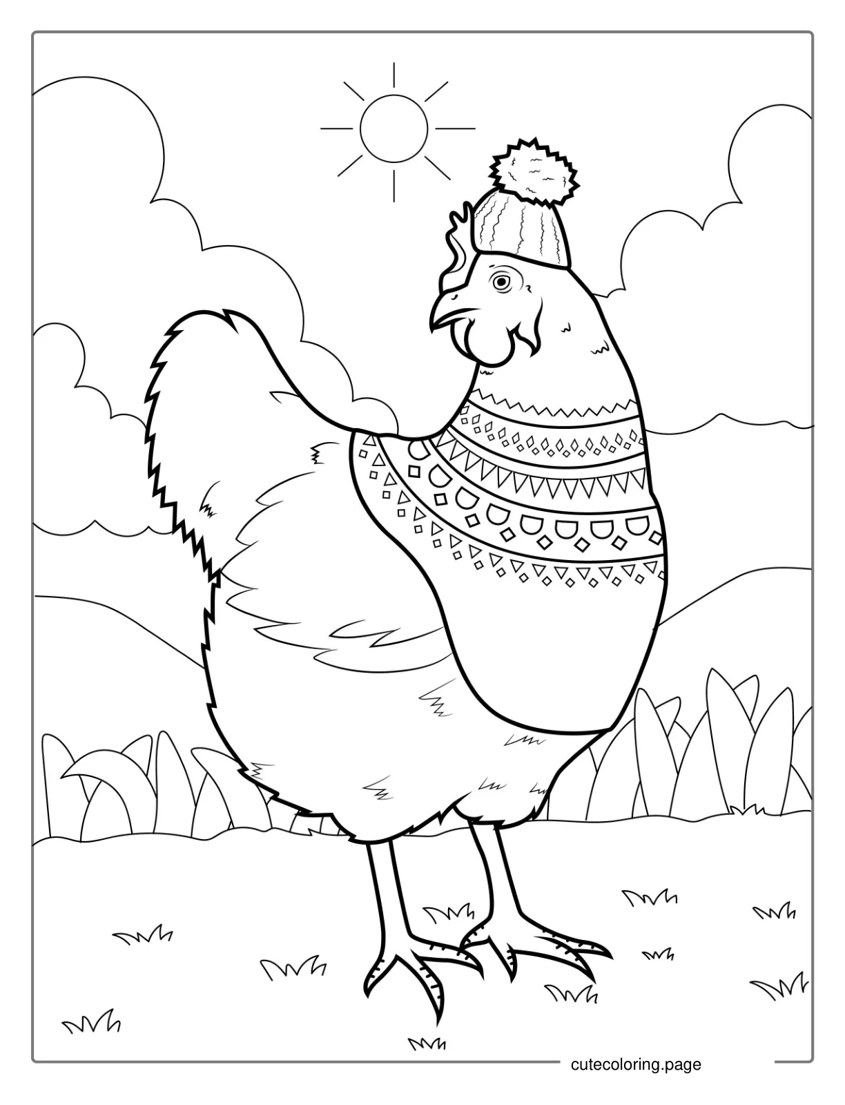 Chicken Wearing a Sweater And Beanie To Color coloring page