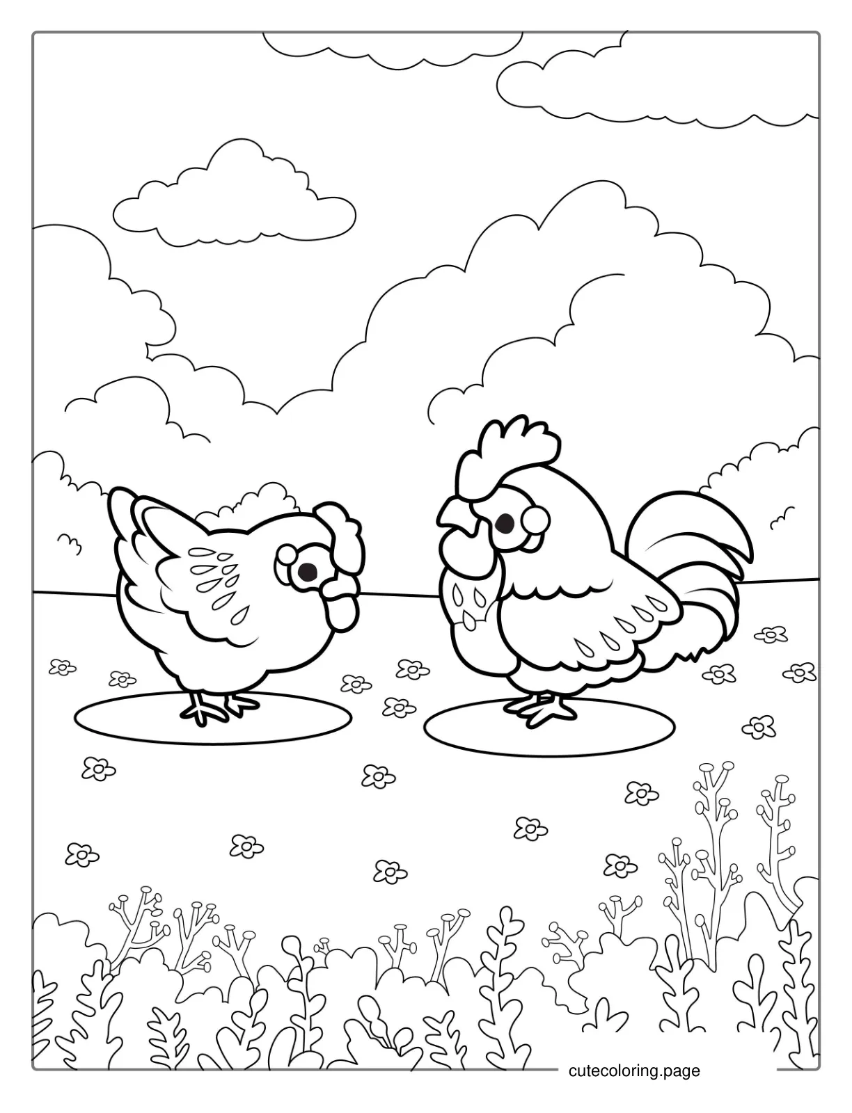 Two Cartoon Chickens Looking For Food coloring page