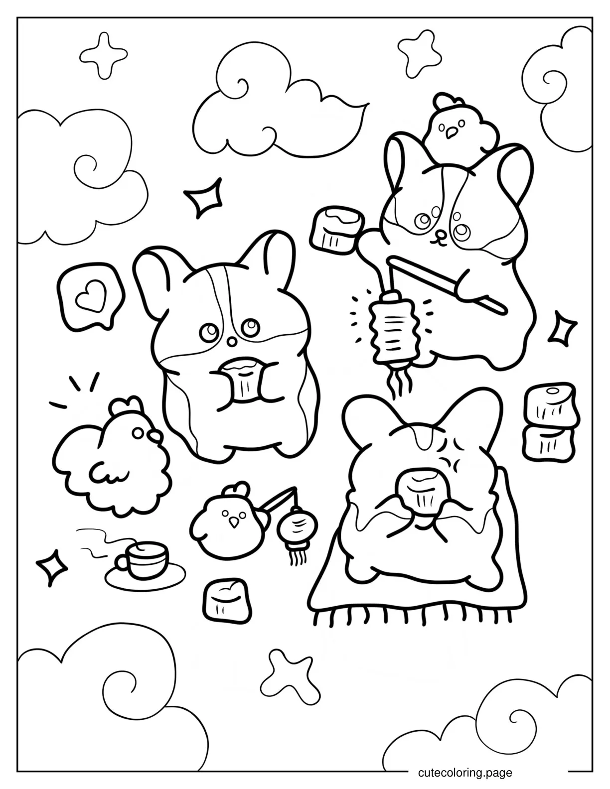 Cartoon Corgis In The Clouds Having Tea Coloring Page coloring page