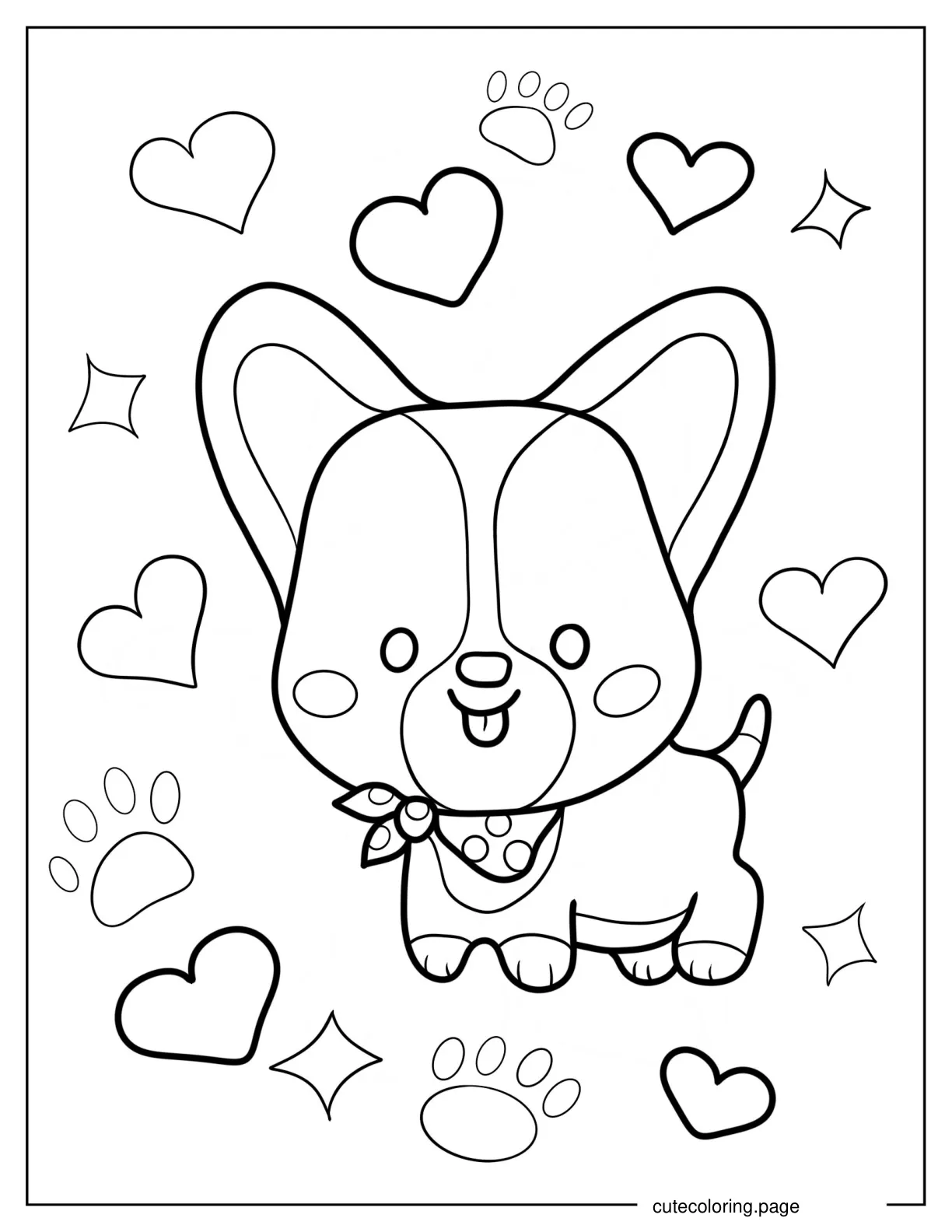 Chibi Corgi With Hearts And Paws In Background coloring page