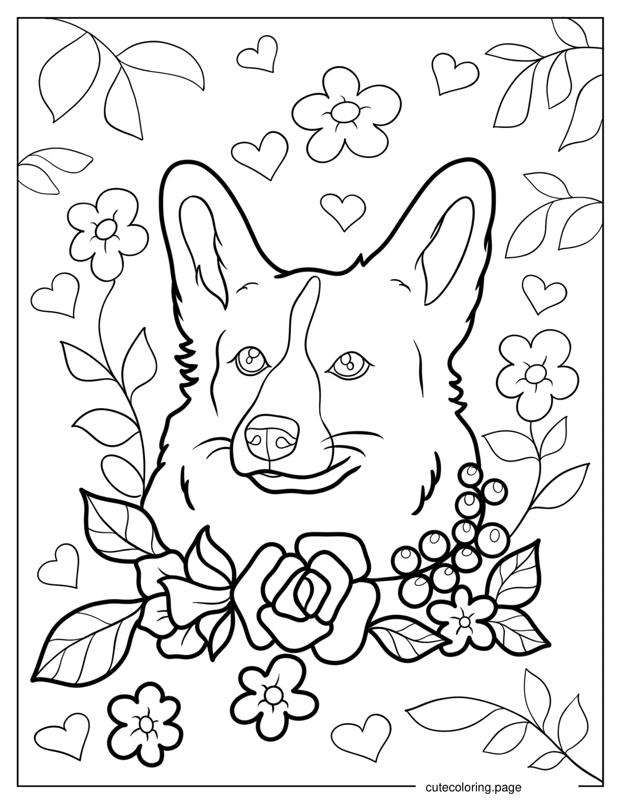 Corgi Face Surrounded By Flowers Coloring Page coloring page