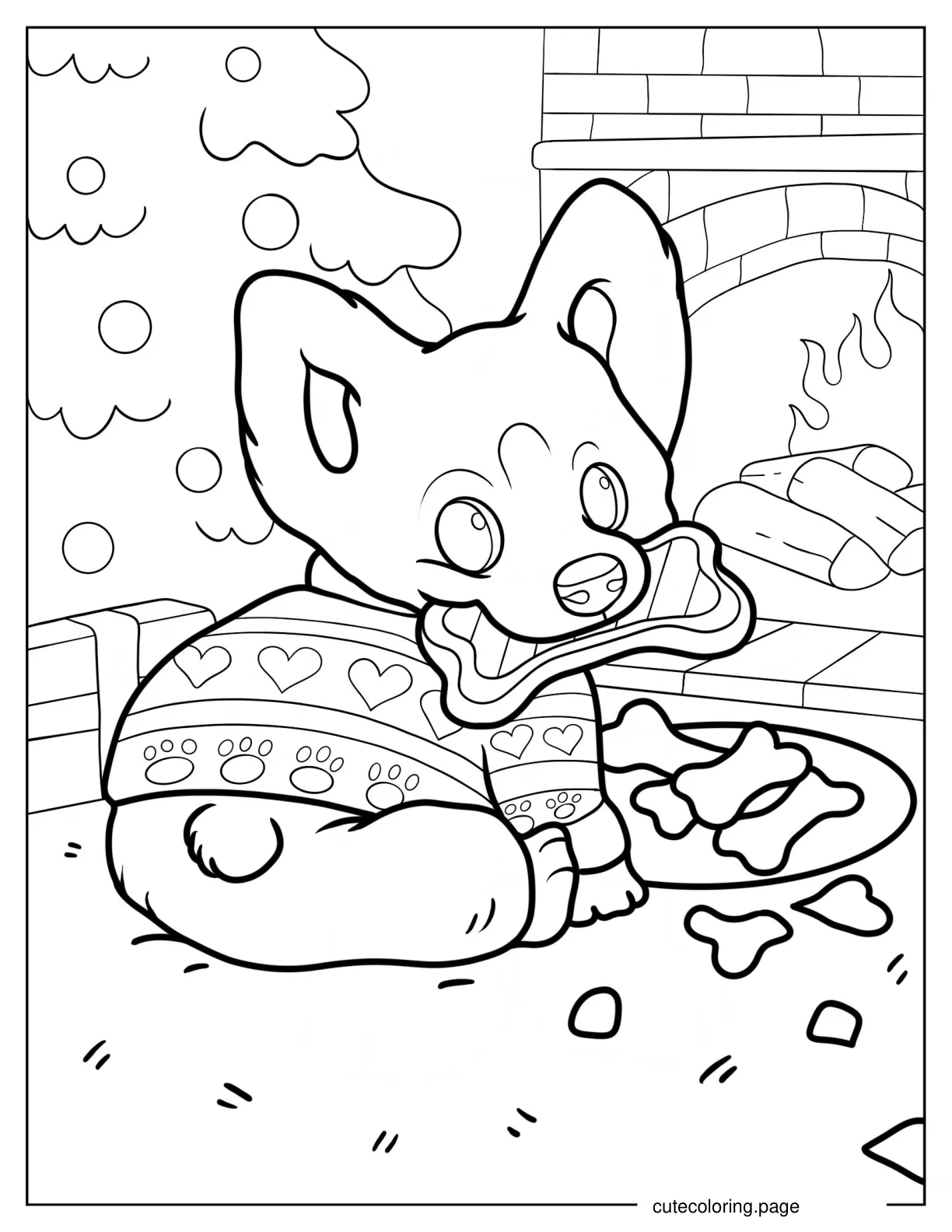 Corgi In Christmas Sweater Eating Dog Treats coloring page