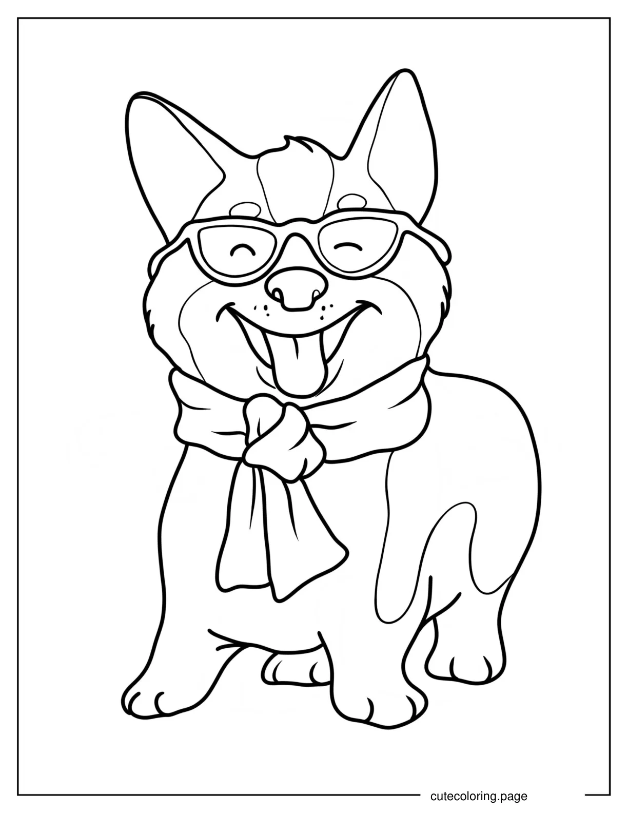 Cute Corgi With Scarf And Eyeglasses Coloring Sheet For Preschoolers coloring page