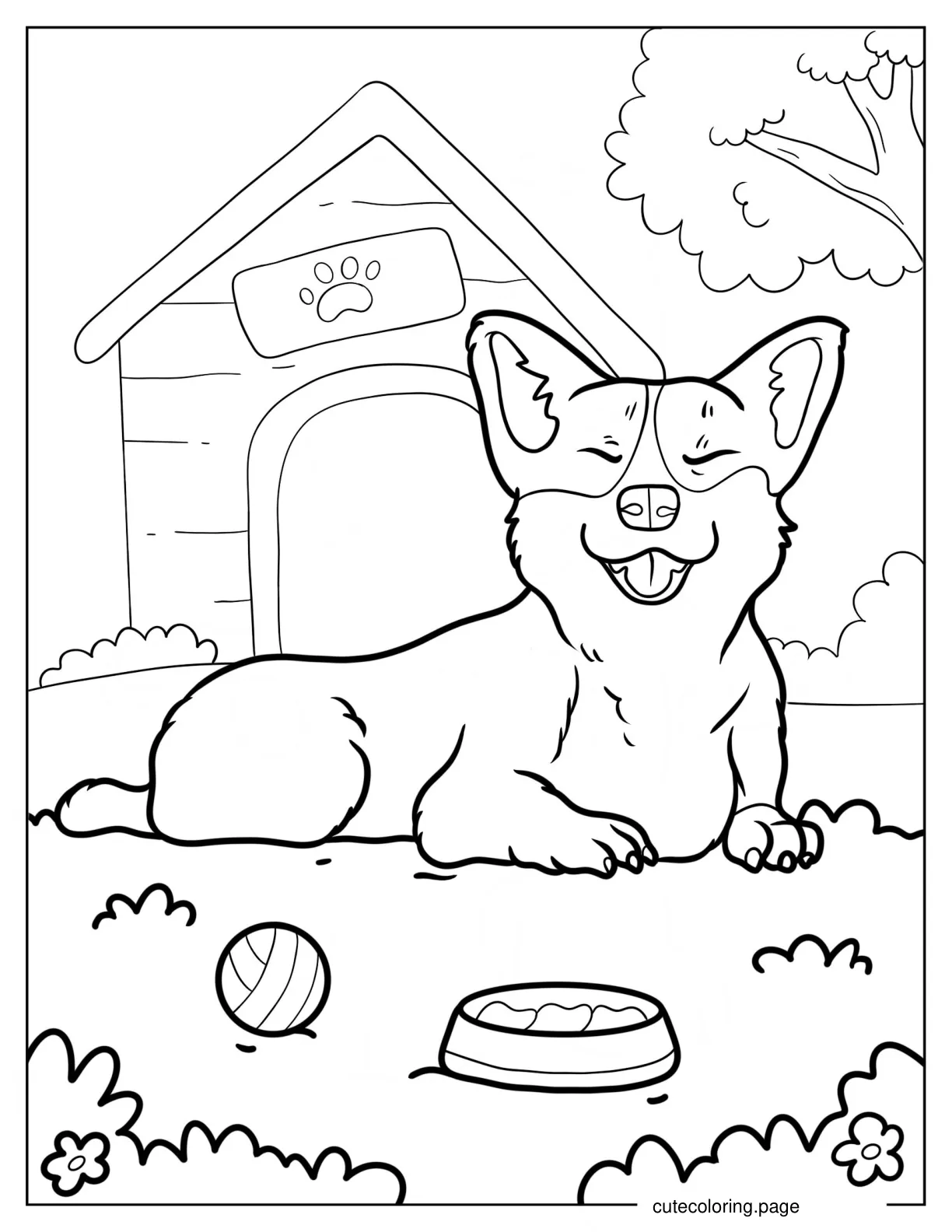 Smiling Corgi Lying Outside Dog House Coloring Page coloring page