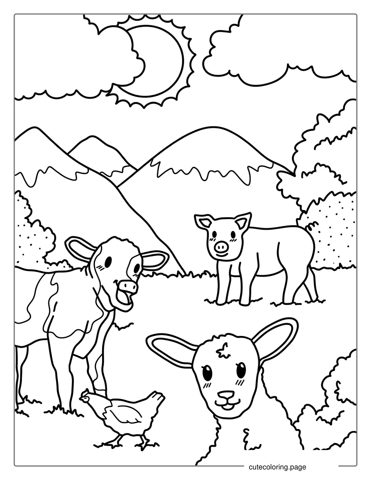 Baby Cow With Pig Chicken And Pig Coloring Sheet coloring page