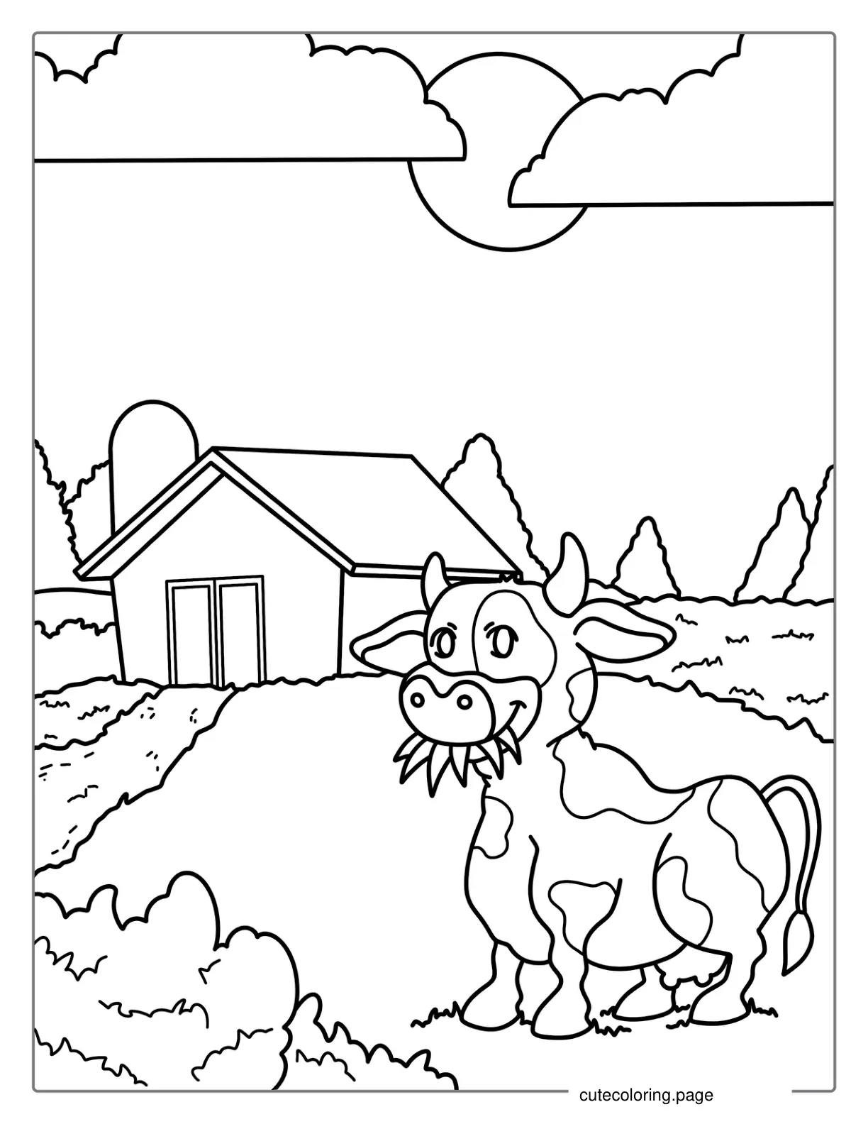 Cow Grazing In Front Of Farm Barn coloring page