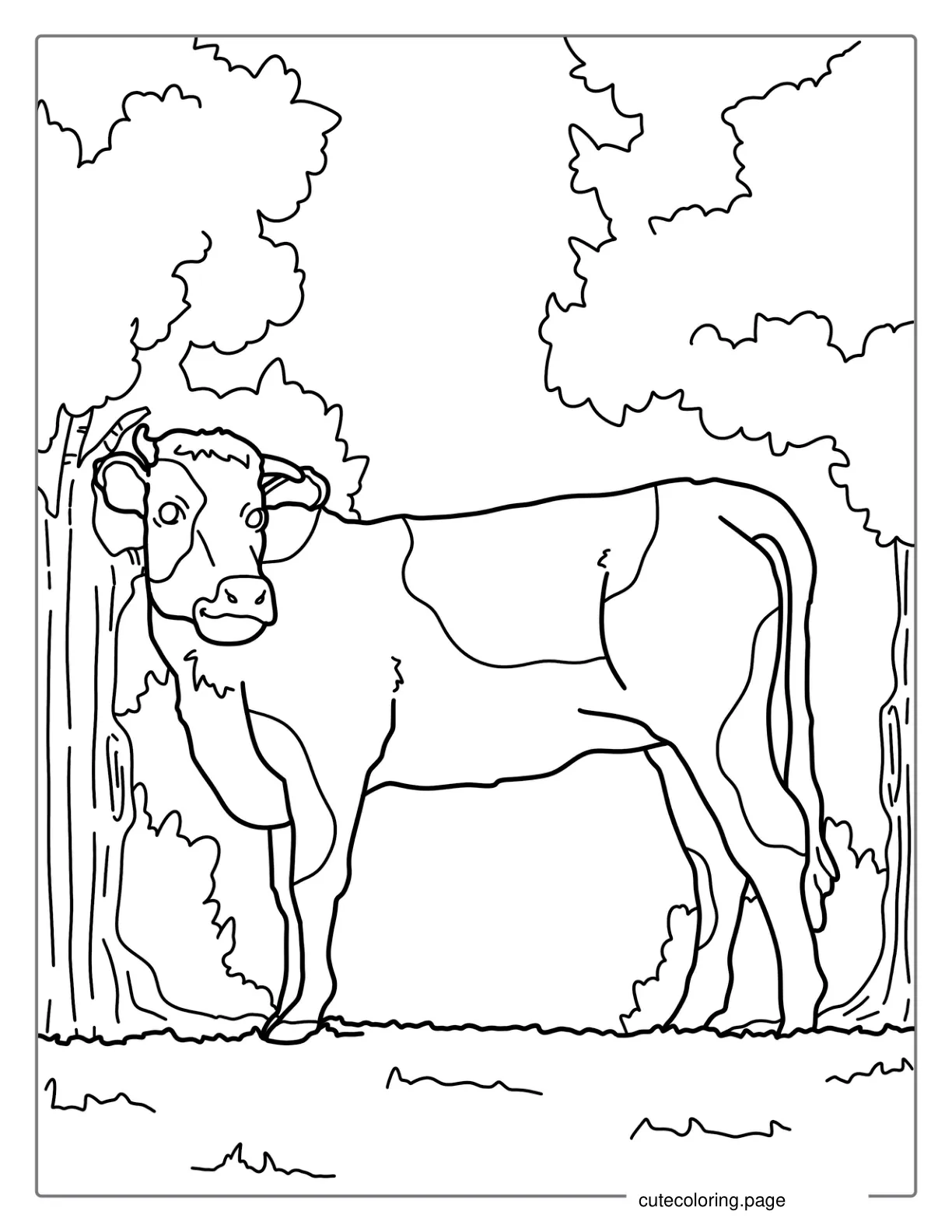 Happy Cow Standing In Forrest Coloring Sheet coloring page