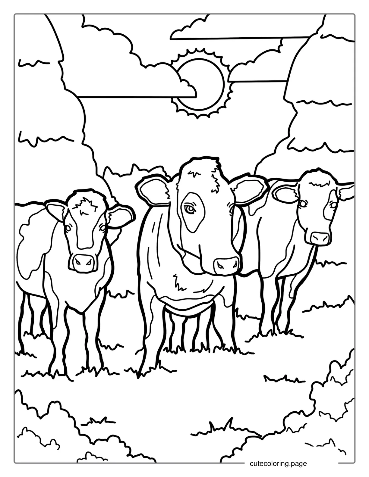 Herd Of Jersey Cows Standing In Field To Color coloring page