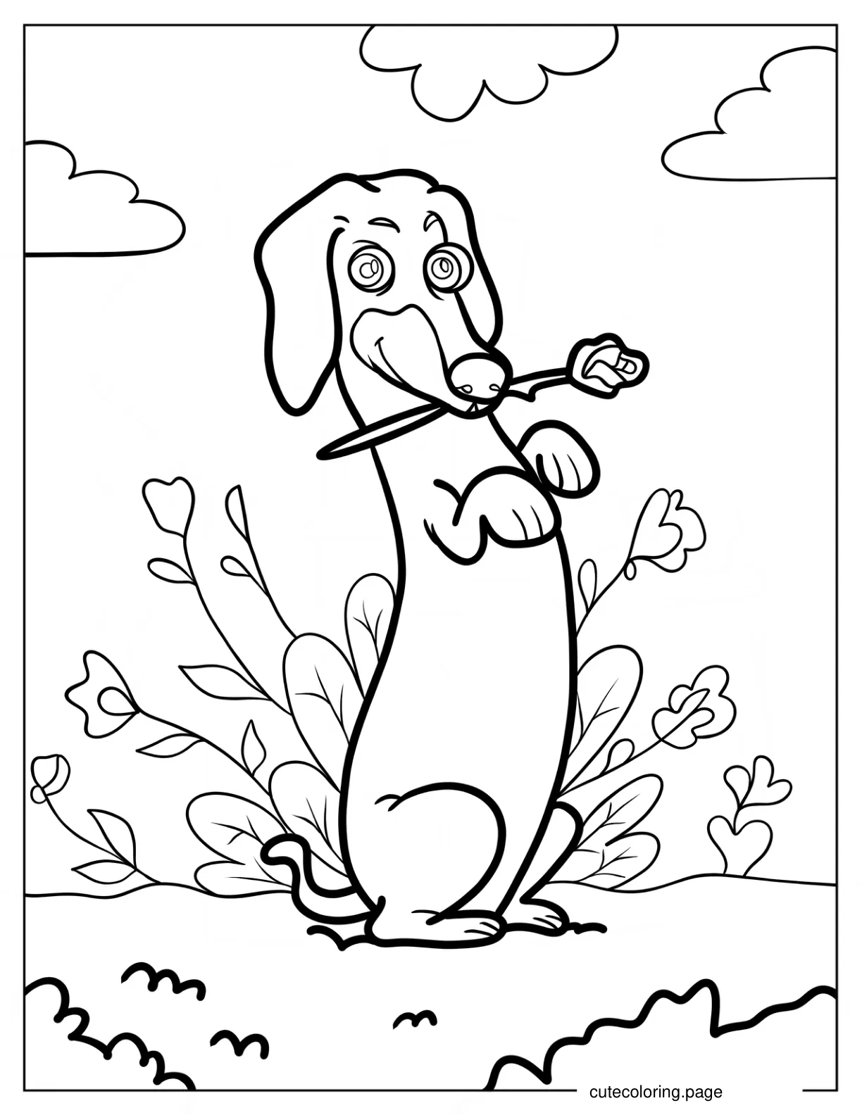 Dachshund Biting Down Rose coloring page