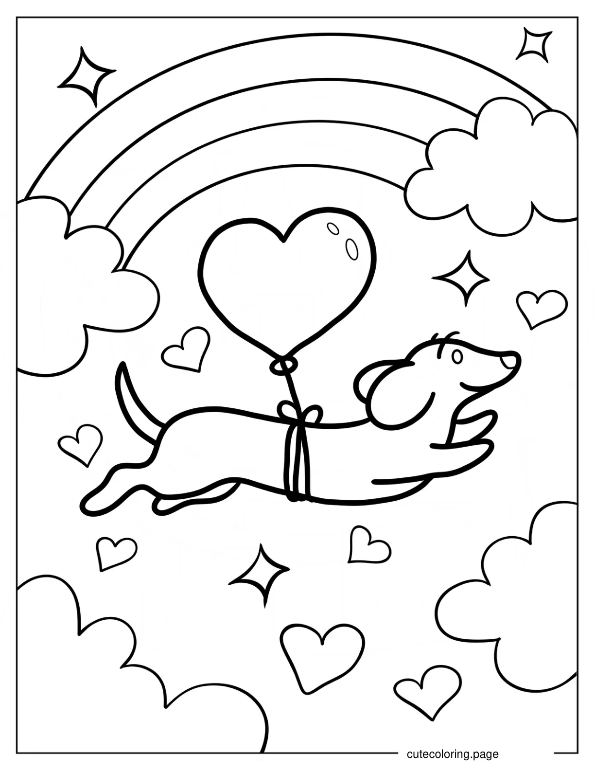 Dachshund Flying With Balloon In The Sky coloring page