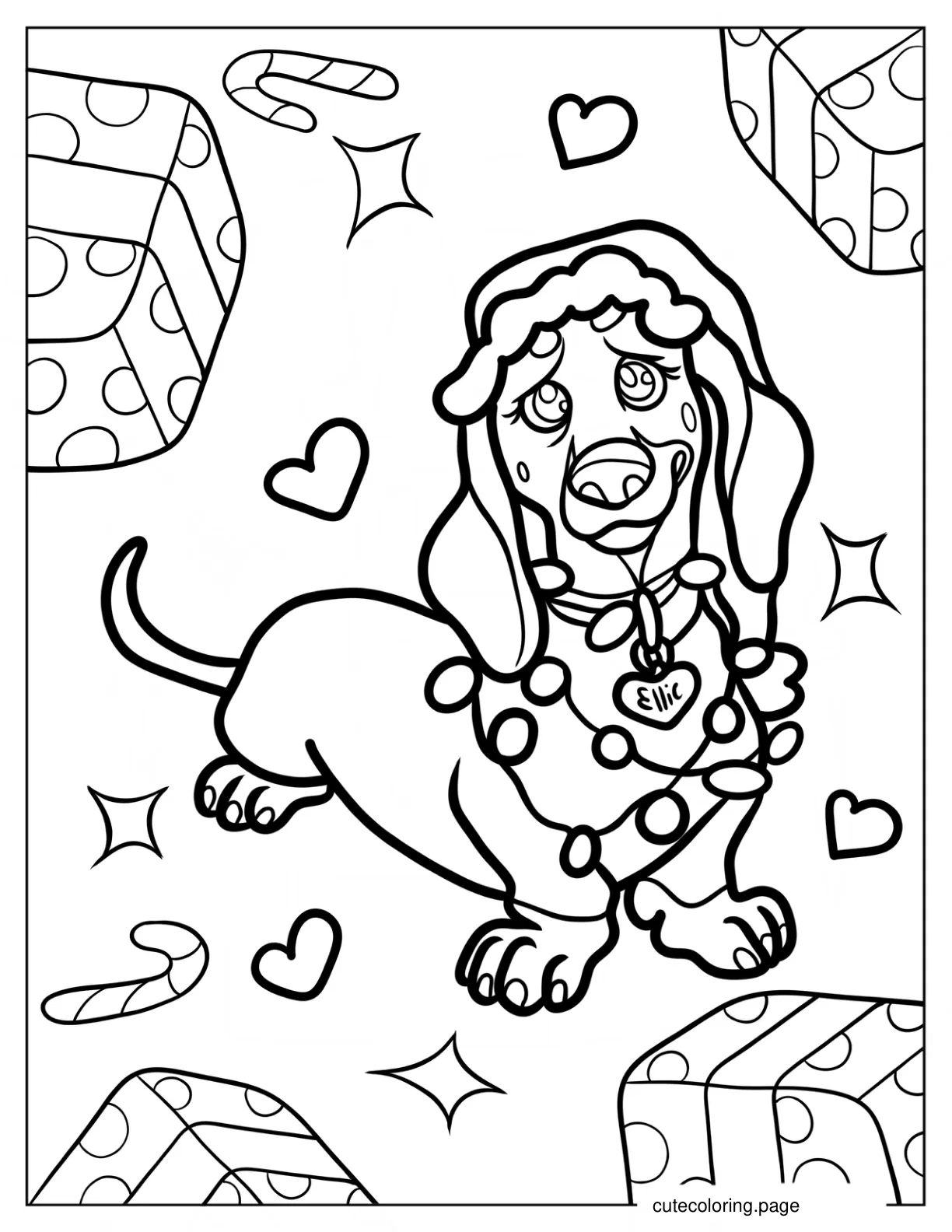 Dachshund In Santa Hat And Christmas Lights coloring page