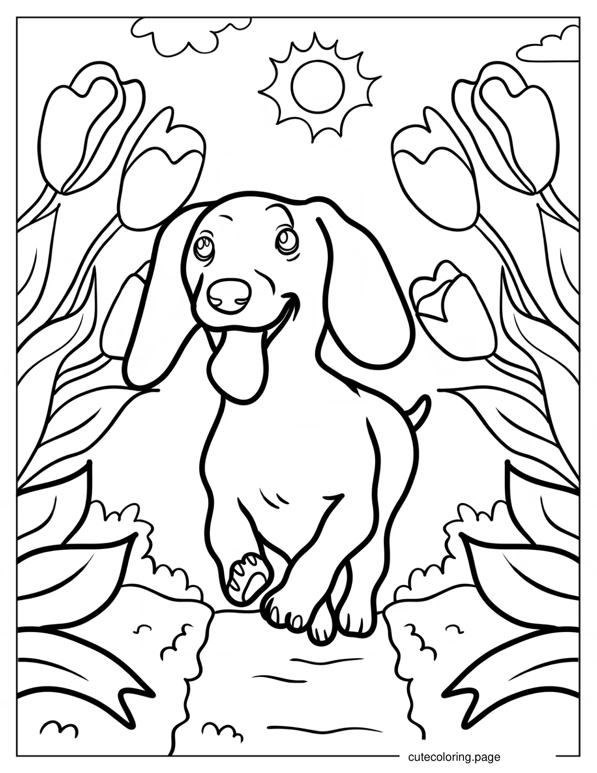 Dachshund Running In Flower Garrden Coloring Page coloring page