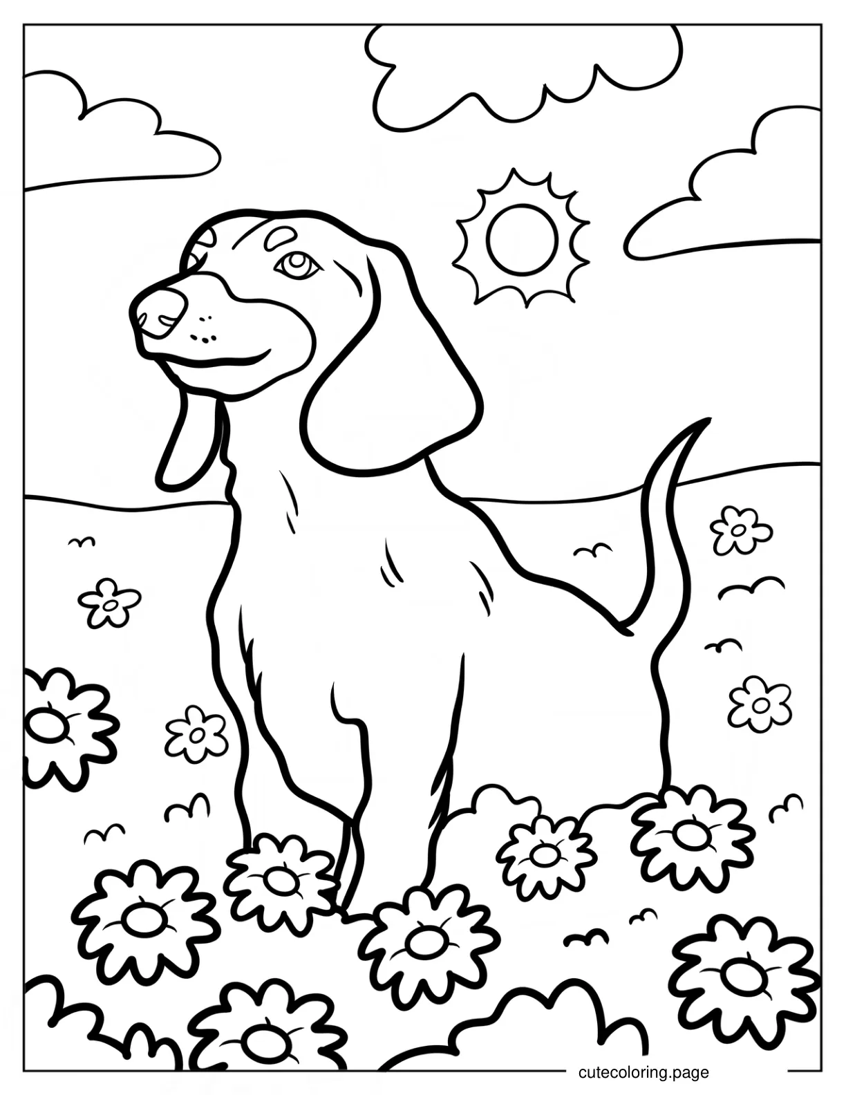 Dachshund Sitting With Flowers Coloring Page coloring page