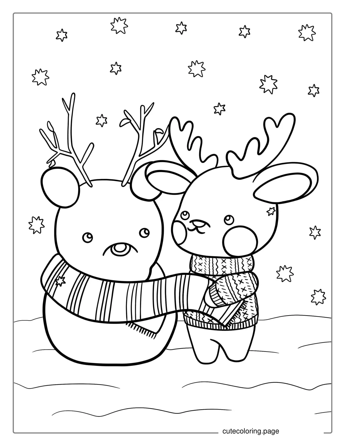 Christmas Deer With Snowman To Color coloring page