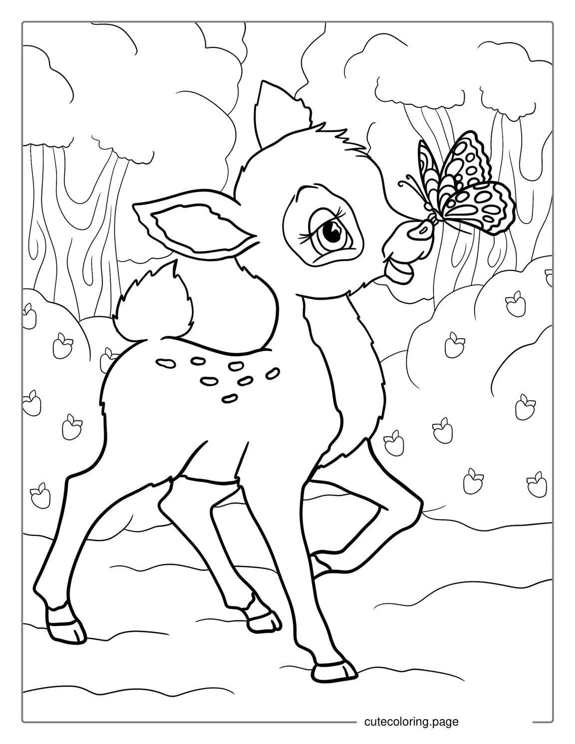 Coloring Page Of a Deer Making Friends With a Butterfly coloring page