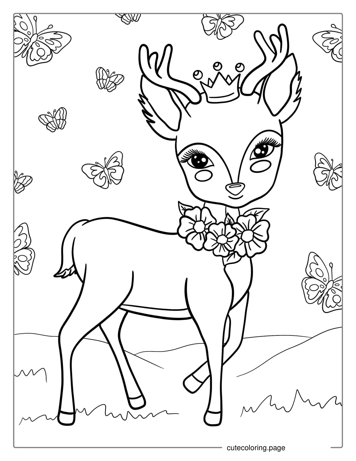 Coloring Page Of a Kawaii Themed Deer Wearing a Crown coloring page