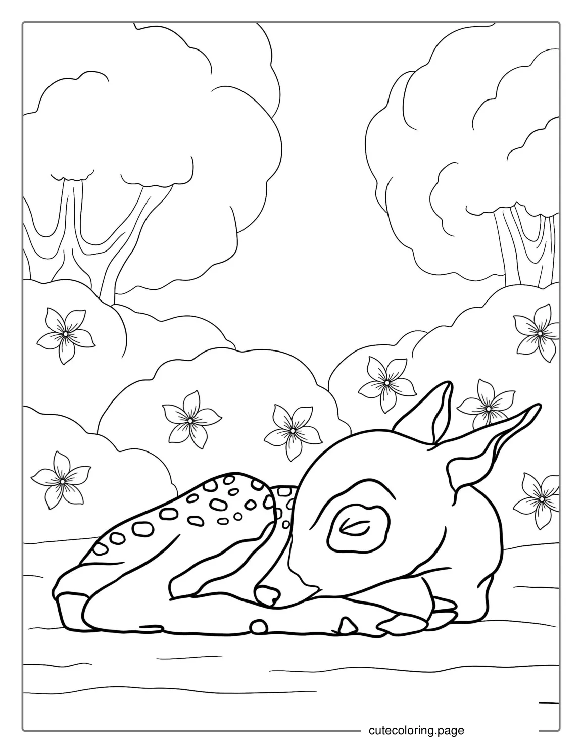 Cute Deer Fawn Sitting On Forest Floor coloring page