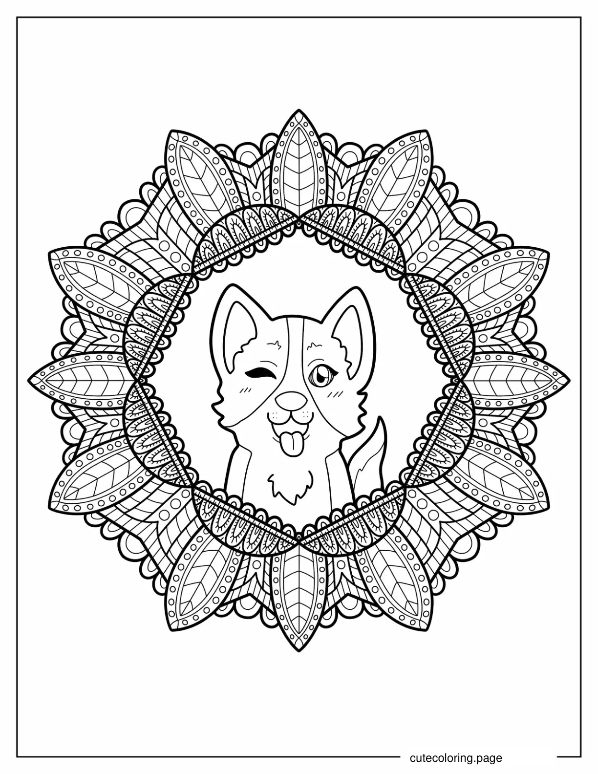 Coloring Page Of Corgi Inside Flower Mandala coloring page