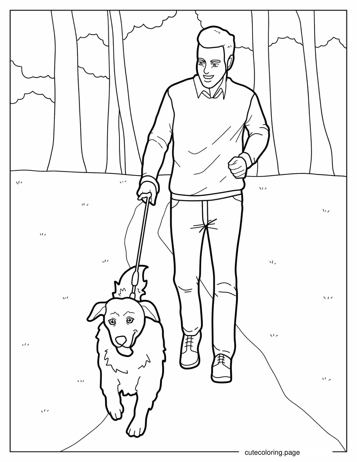 Coloring Sheet Of Man Walking His Dog In Park coloring page