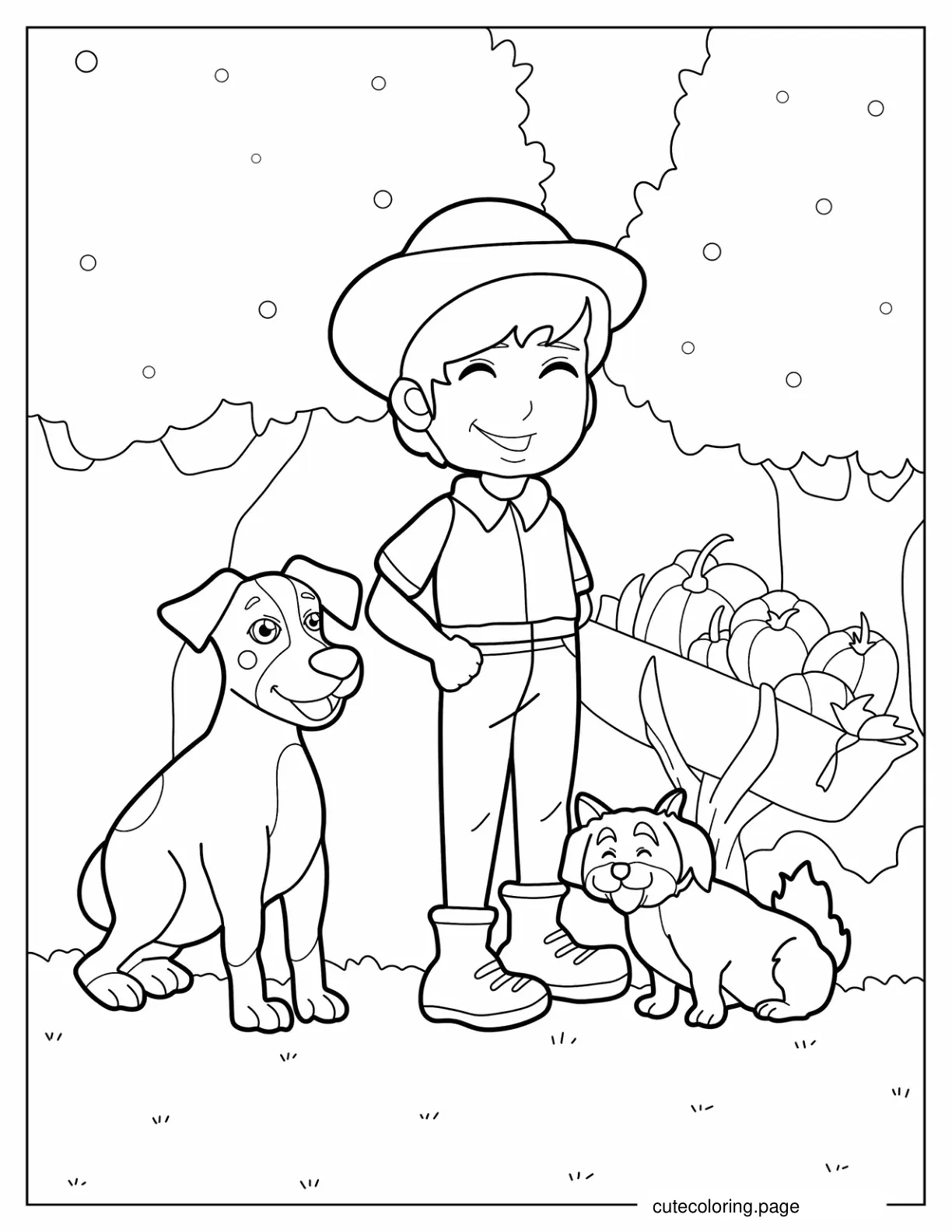 Farmer Boy With His Two Dogs coloring page