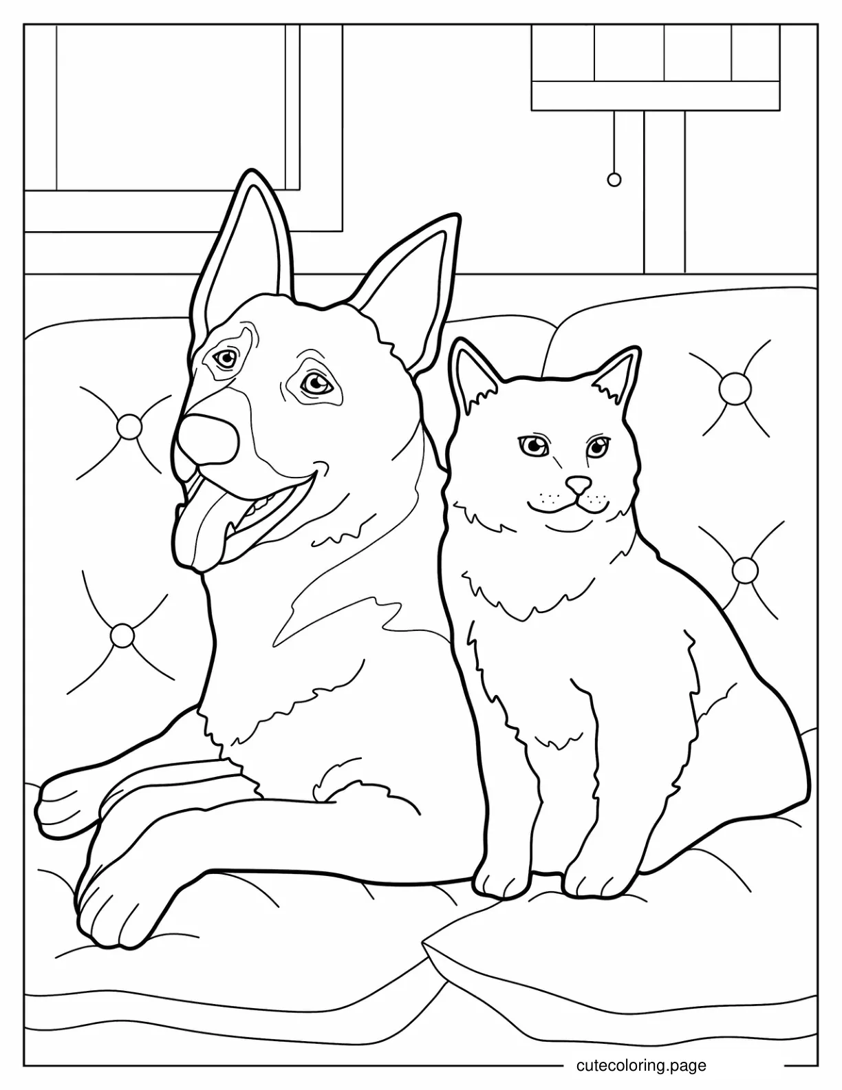 German Shepherd And Cat Sitting On Couch coloring page