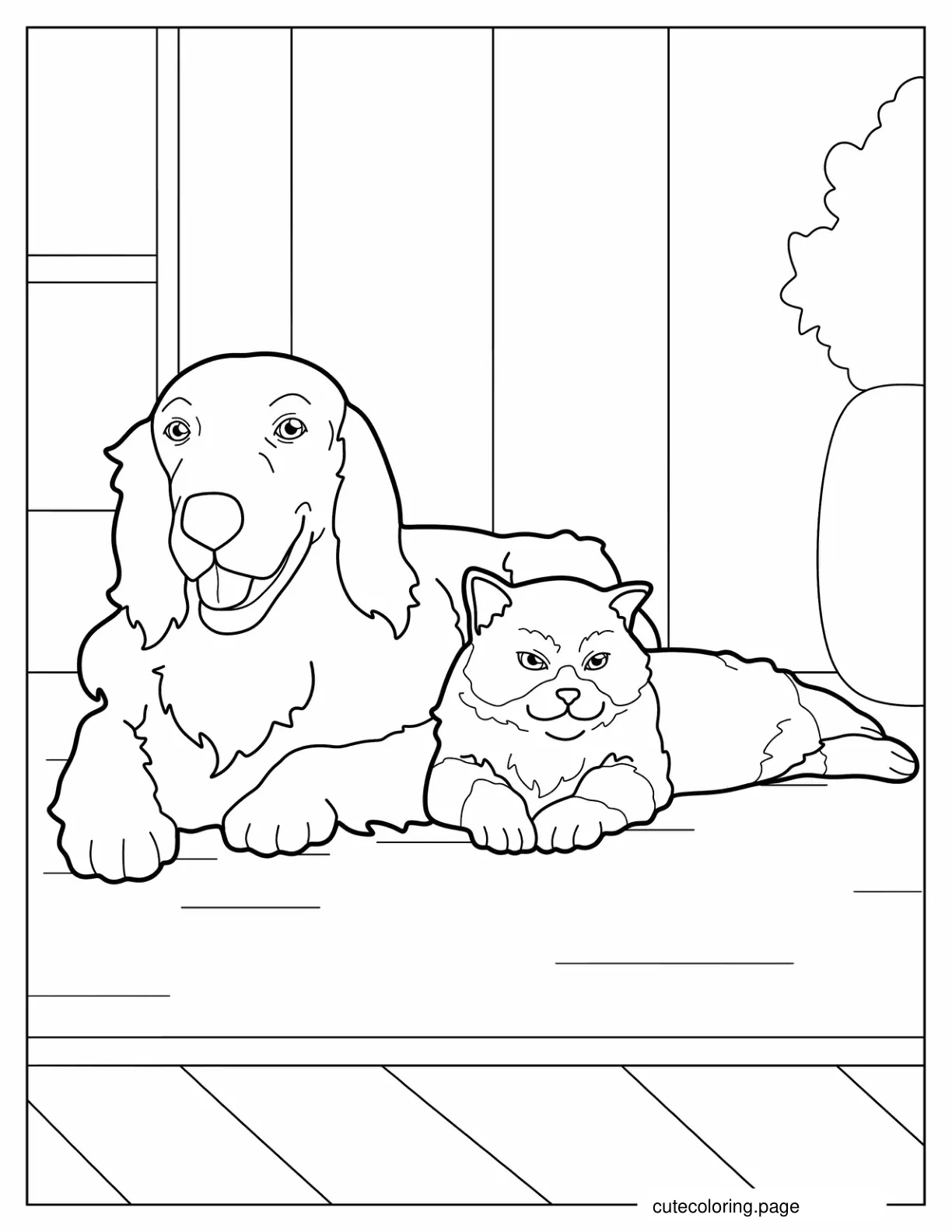 Golden Retriever And Cat Sitting Together Coloring Page coloring page