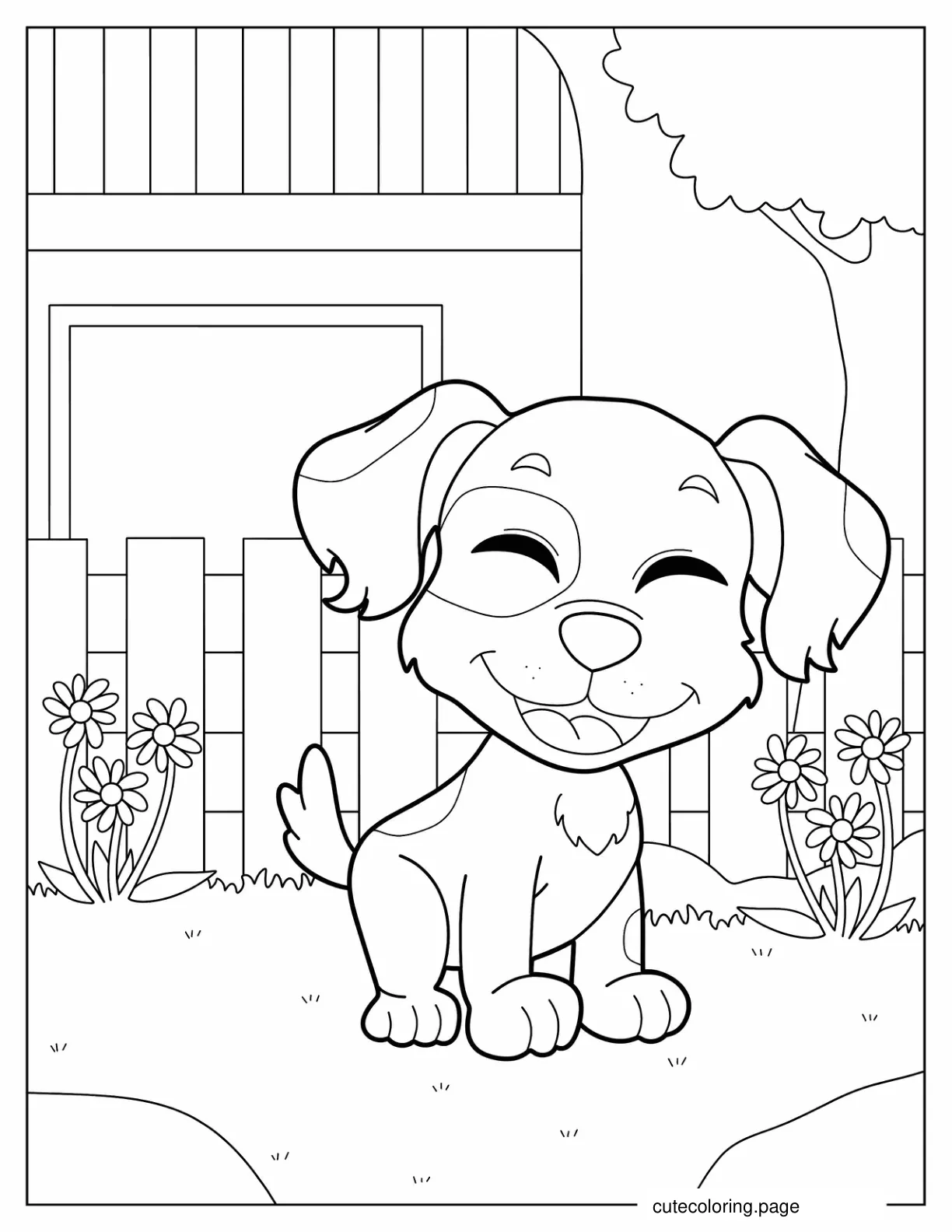 Kawaii Cartoon Dog In Backyard coloring page