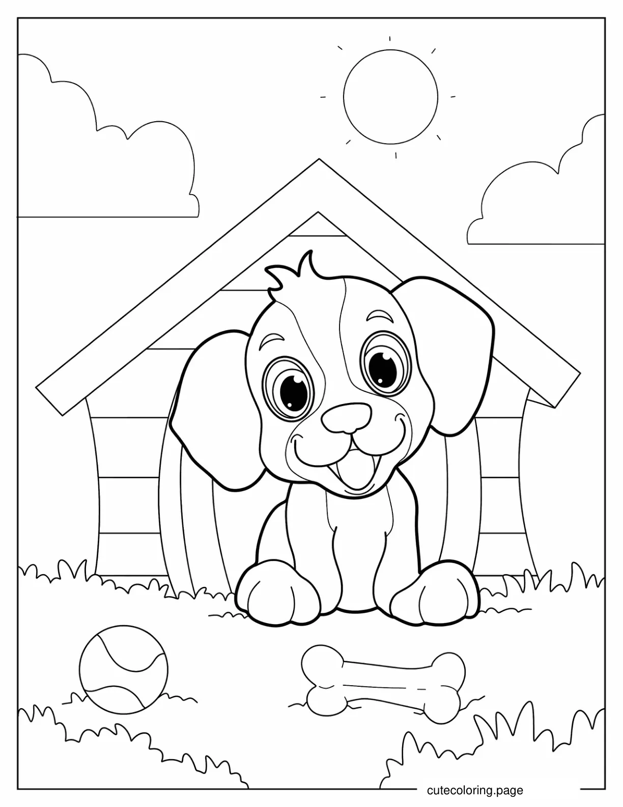 Puppy In Front Of Dog House Coloring Sheet coloring page